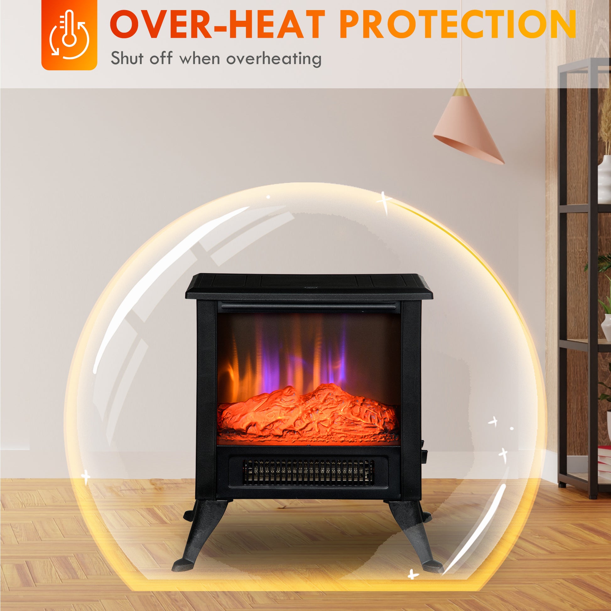 17" Electric Fireplace Stove With Two Heating Modes, Freestanding Fire Place Heater With Realistic Logs Led Flame, Adjustable Temperature, Overheat Protection, 750W 1500W, Black Black Polypropylene
