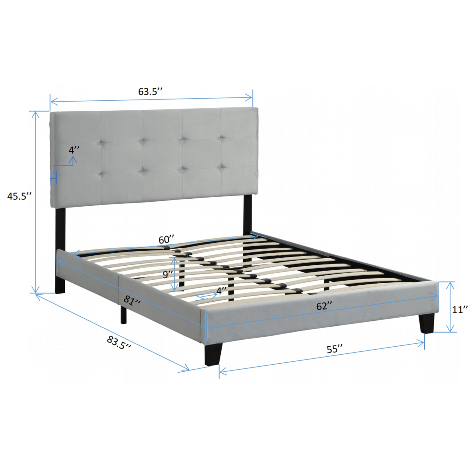 Queen Size Upholstered Platform Bed Frame With Pull Point Tufted Headboard, Strong Wood Slat Support, Mattress Foundation, No Box Spring Needed, Easy Assembly, Gray Gray Velvet