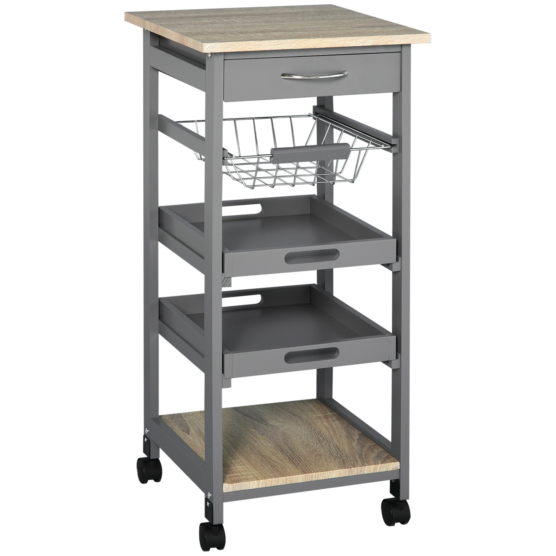 Mobile Rolling Kitchen Island Trolley Serving Cart With Underneath Drawer & Slide Out Wire Storage Basket, Grey Grey Mdf