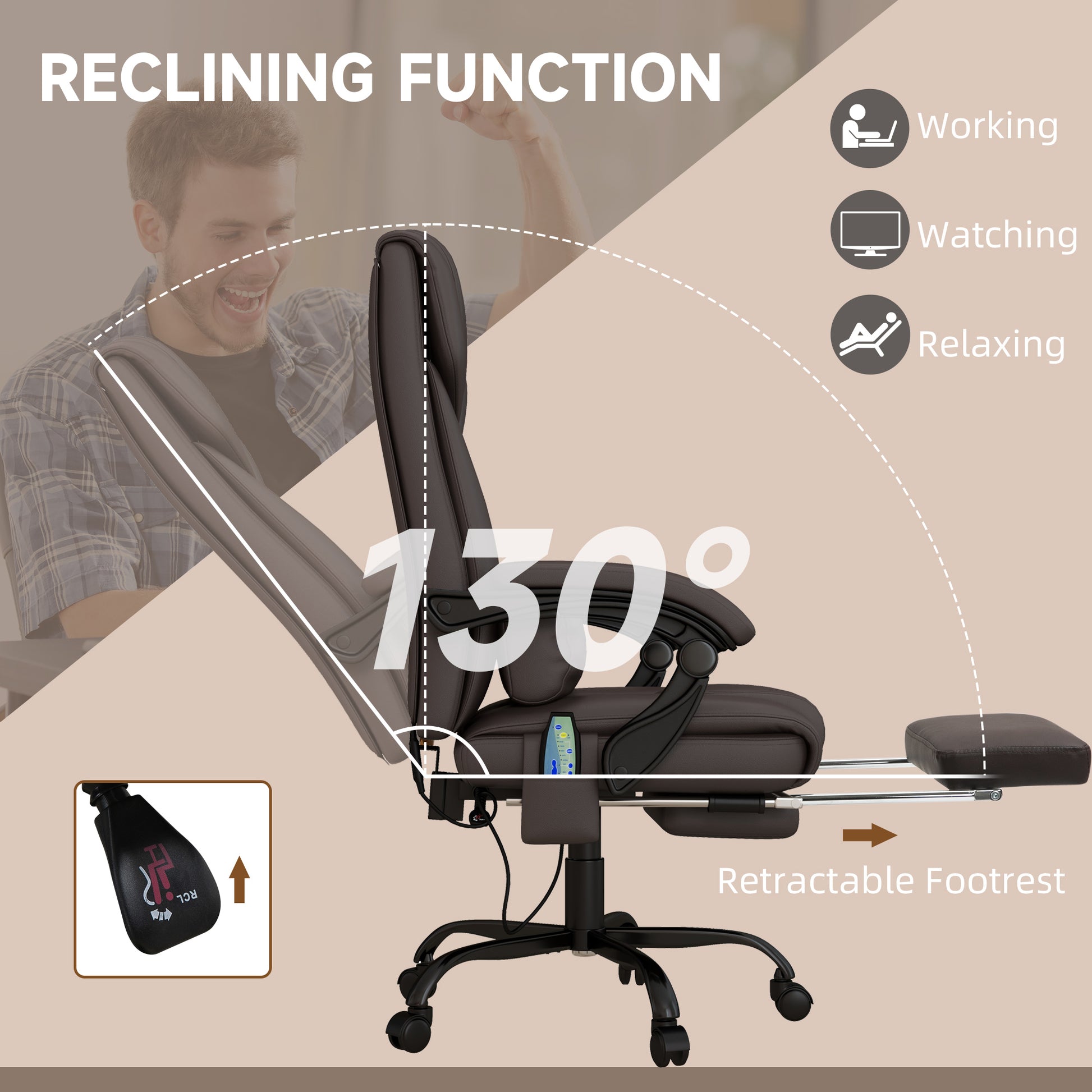 High Back Vibration Massage Office Chair With 6 Points, Hight Adjustable Computer Desk Chair, Reclining Office Chair With Retractable Footrest And Remote, Brown Brown Faux Leather