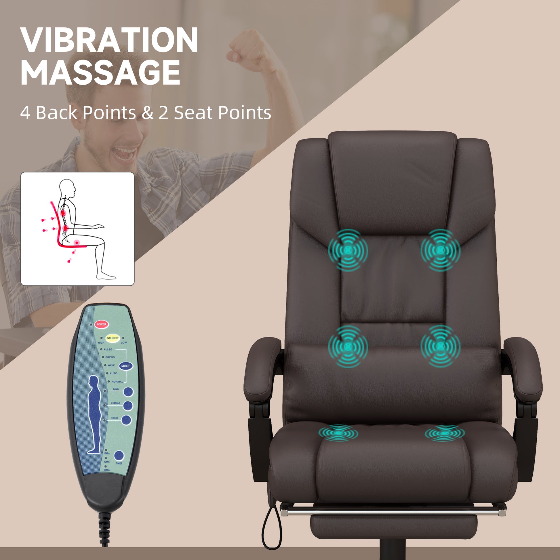 High Back Vibration Massage Office Chair With 6 Points, Hight Adjustable Computer Desk Chair, Reclining Office Chair With Retractable Footrest And Remote, Brown Brown Faux Leather