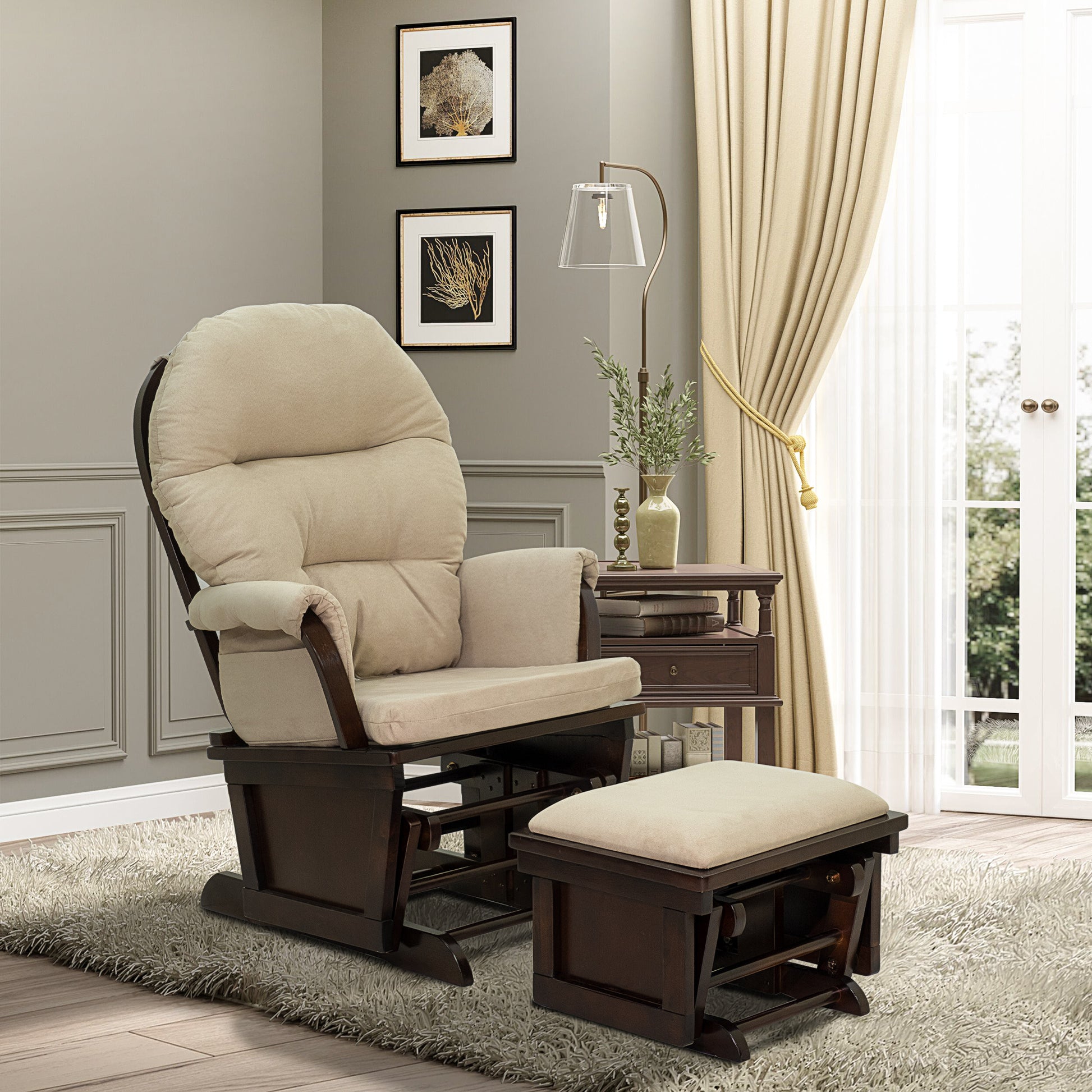 Nursery Glider Rocking Chair With Ottoman, Thick Padded Cushion Seating And Wood Base, Cream White Cream White Fabric