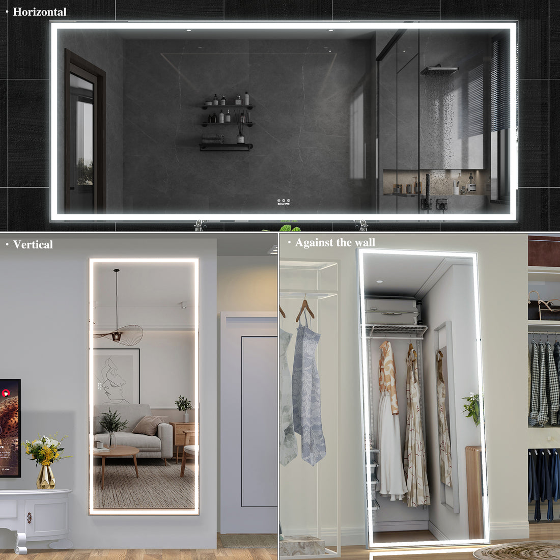 Extra Large Led Bathroom Mirror With 3 Color Aluminum Framed Wall Mirror Full Body Mirror With Lights, Vertical Horizontal Hanging Aluminum Framed Mirror For Bedroom Living Room, Silver, 84X36 Inches Silver Aluminium