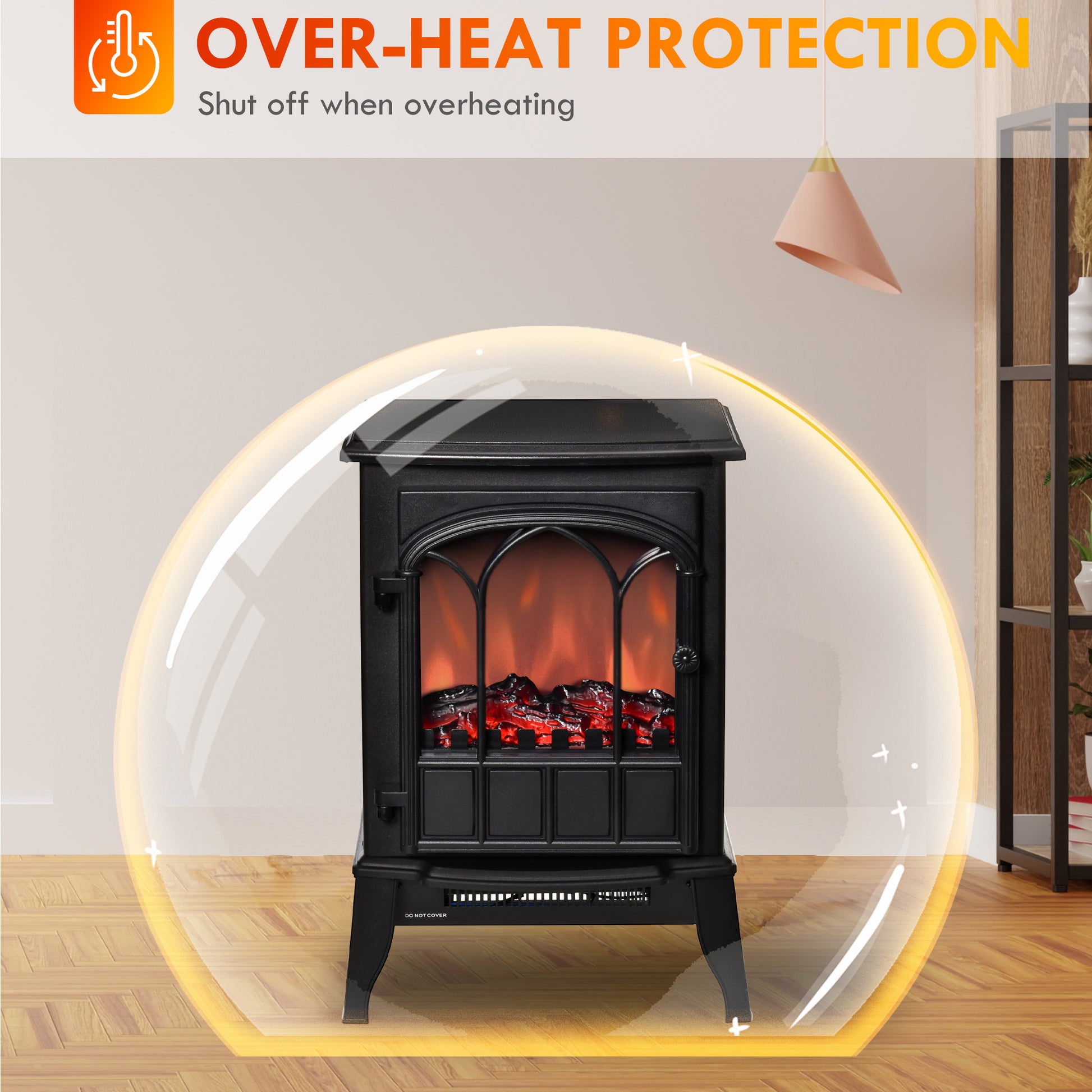 22" Electric Fireplace Stove, Freestanding Fire Place Heater With Realistic Logs And Led Flame, Adjustable Temperature, Overheat Protection, 750W 1500W, Black Black Steel
