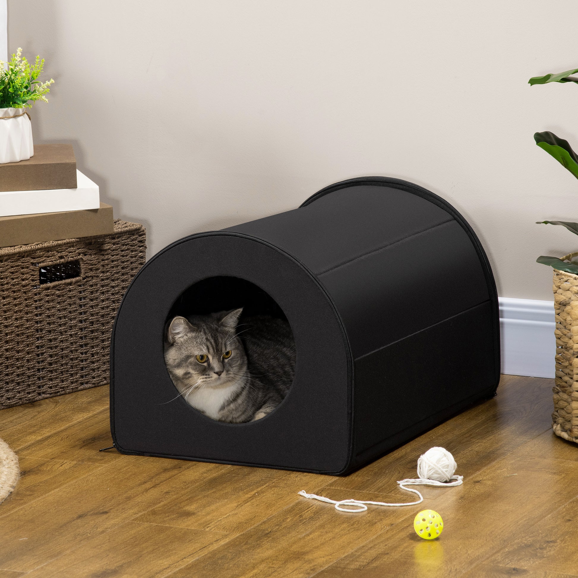 Dome Heated Cat House Portable And Waterproof Pet Shelter For Kitty In Winter, Black Black Oxford Fabric