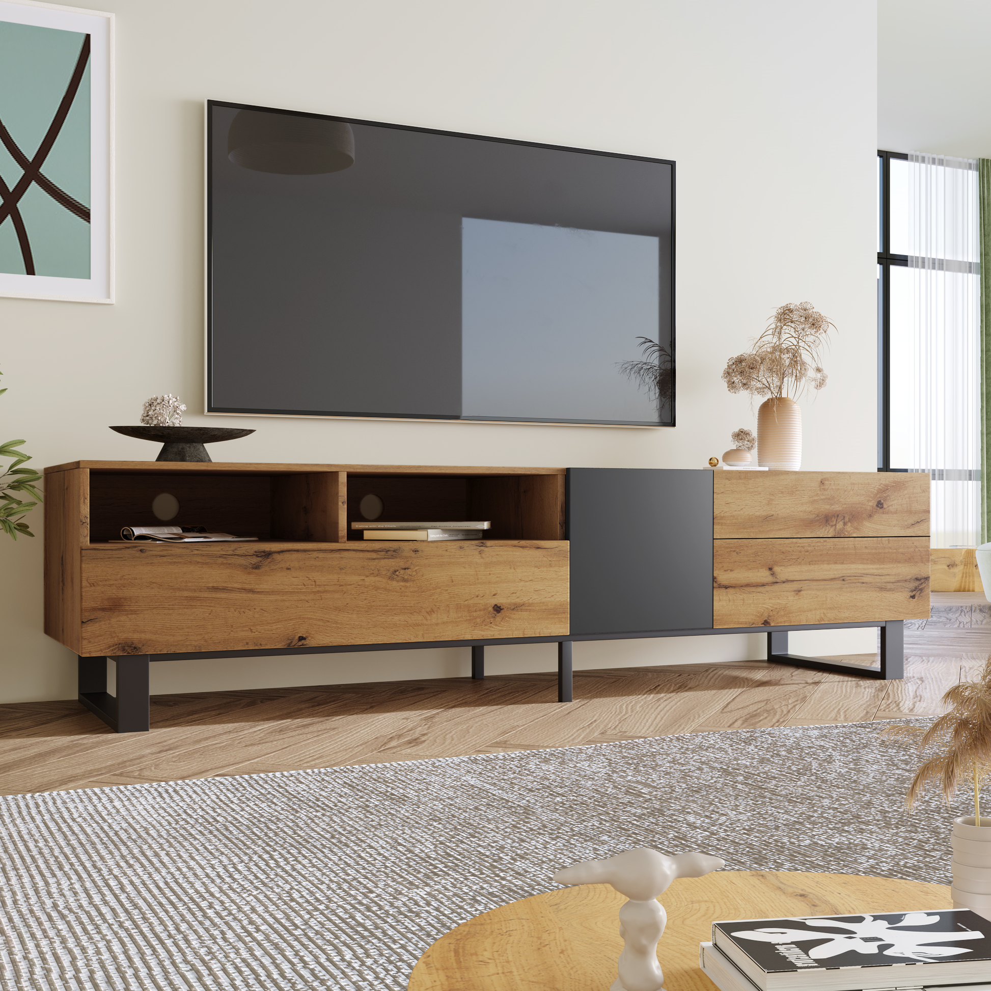 Modern Tv Stand For 80'' Tv With Double Storage Space, Media Console Table, Entertainment Center With Drop Down Door For Living Room, Bedroom, Home Theatre Wood Primary Living Space 70 79 Inches 70 79 Inches 75 Inches Mdf Metal