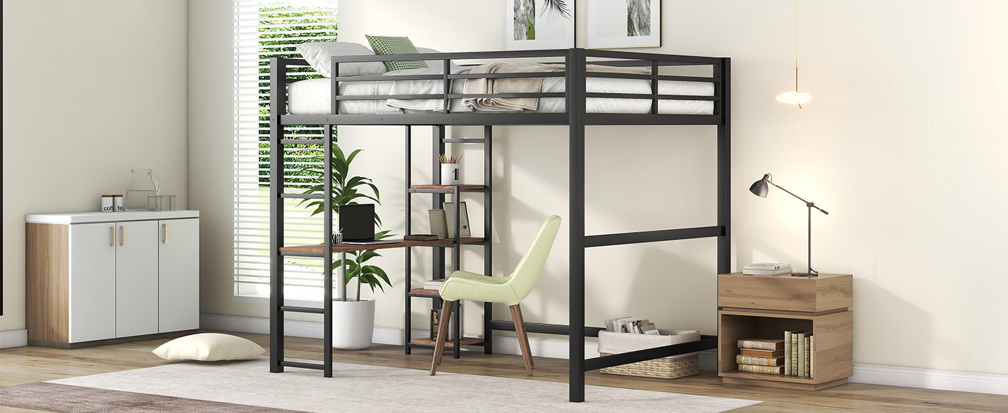 Full Size Metal Loft Bed With Built In Desk And Storage Shelves, Black Black Metal & Wood