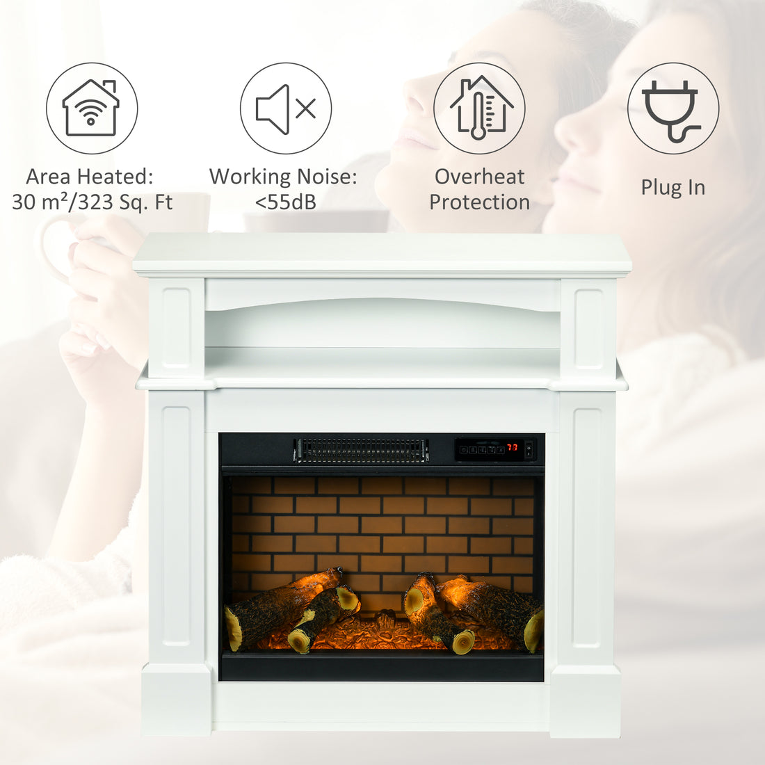 32" Electric Fireplace With Mantel, Freestanding Heater With Led Log Flame, Shelf And Remote Control, 700W 1400W, White White Steel