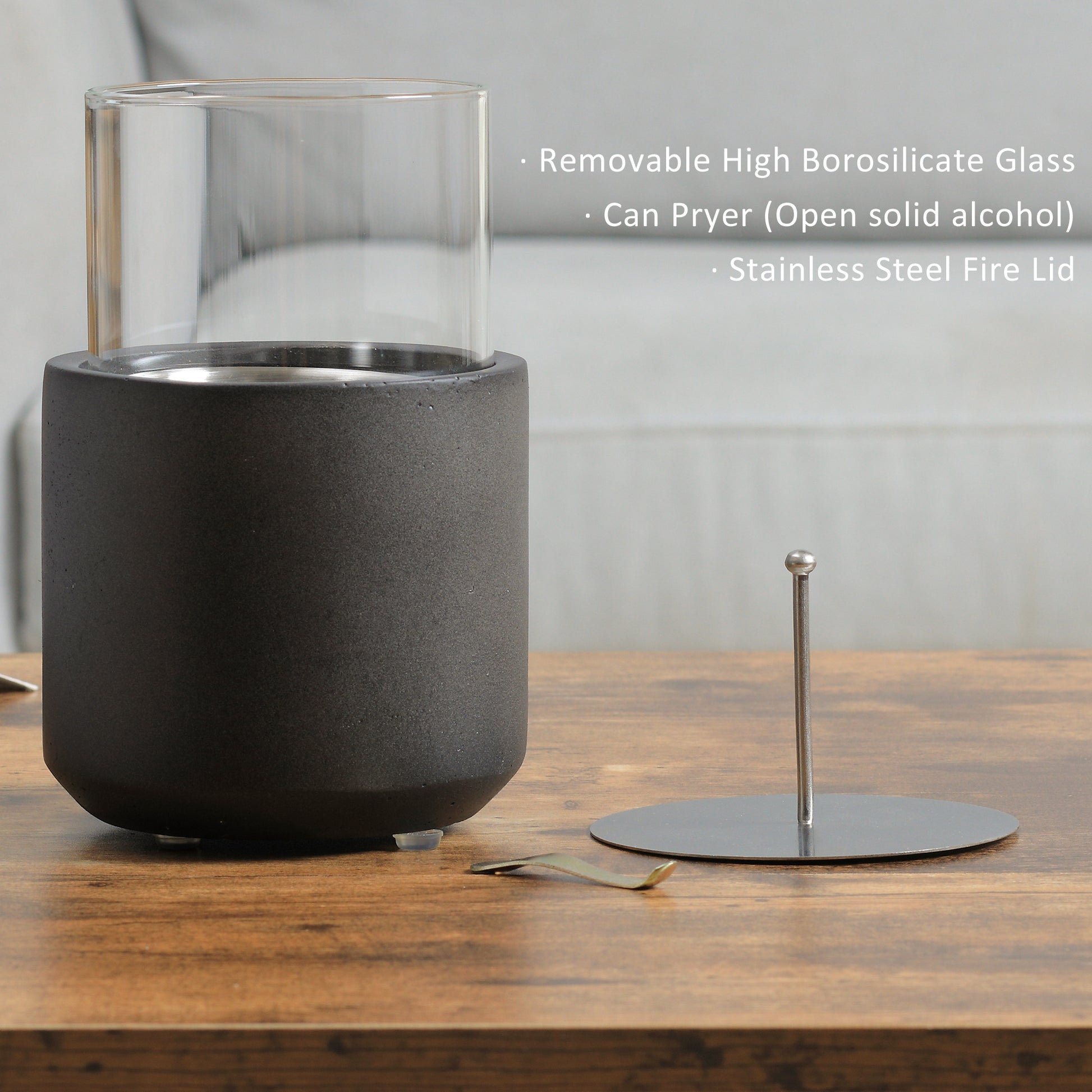Tabletop Fireplace, Mini Concrete Ethanol Fire Bowl With Lid, Burns Up With Liquid Alcohol And Solid Tablet Alcohol, Dark Grey Dark Grey Stainless Steel