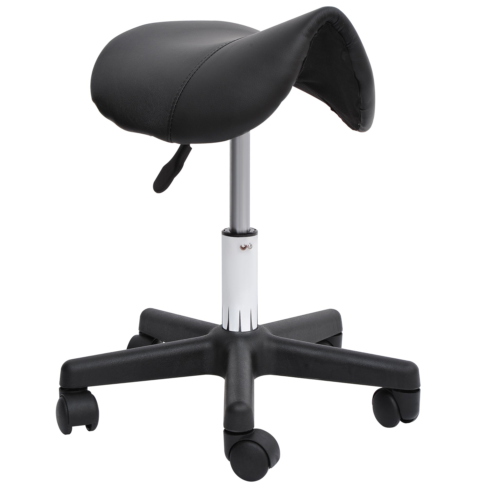 Rolling Saddle Stool, Swivel Salon Chair, Ergonomic Faux Leather Stool, Adjustable Height With Wheels For Spa, Salon, Massage, Office, Black Black Faux Leather