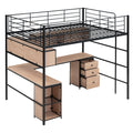 Metal Loft Bed With Bookcase, Desk And Cabinet, Full, Black Black Metal