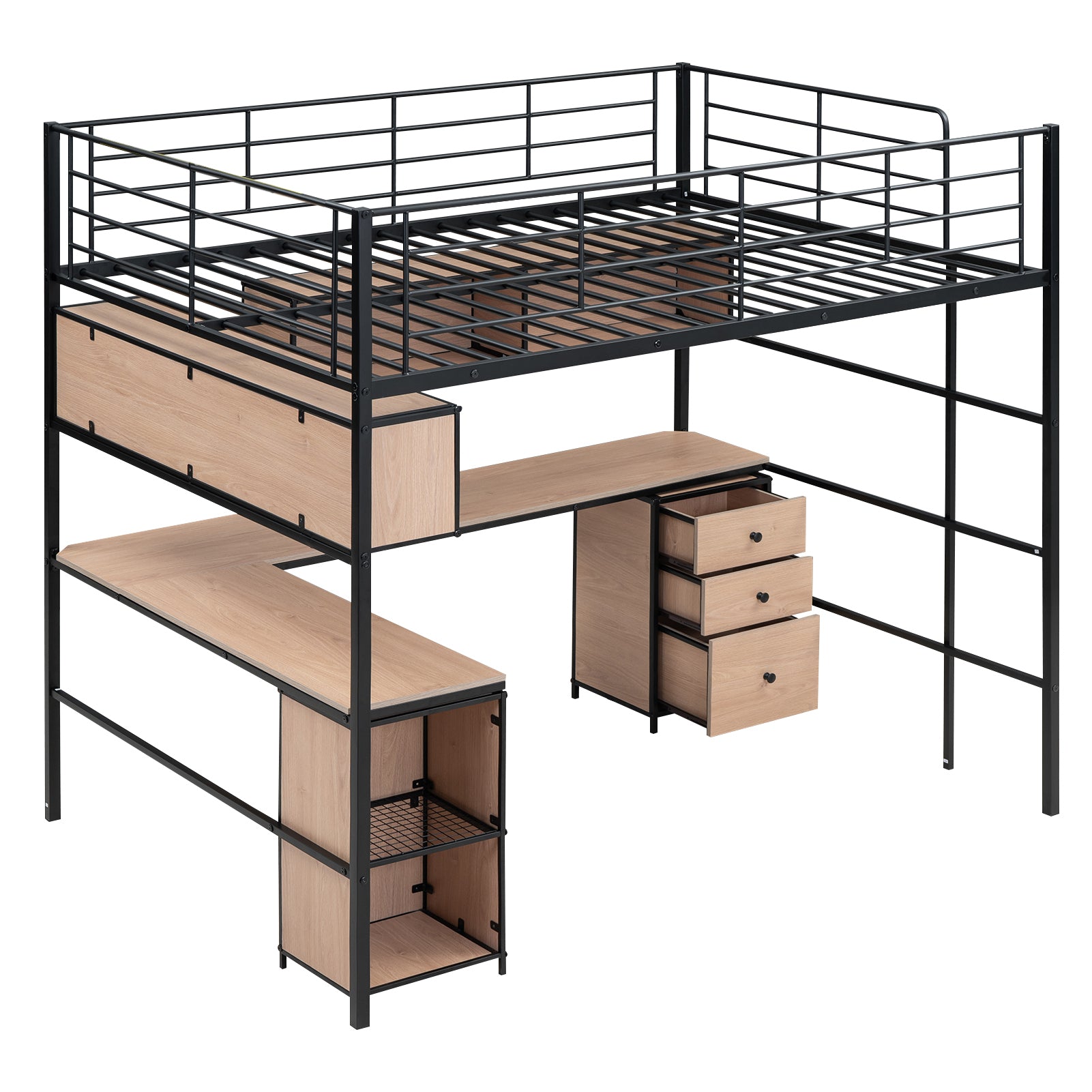 Metal Loft Bed With Bookcase, Desk And Cabinet, Full, Black Black Metal