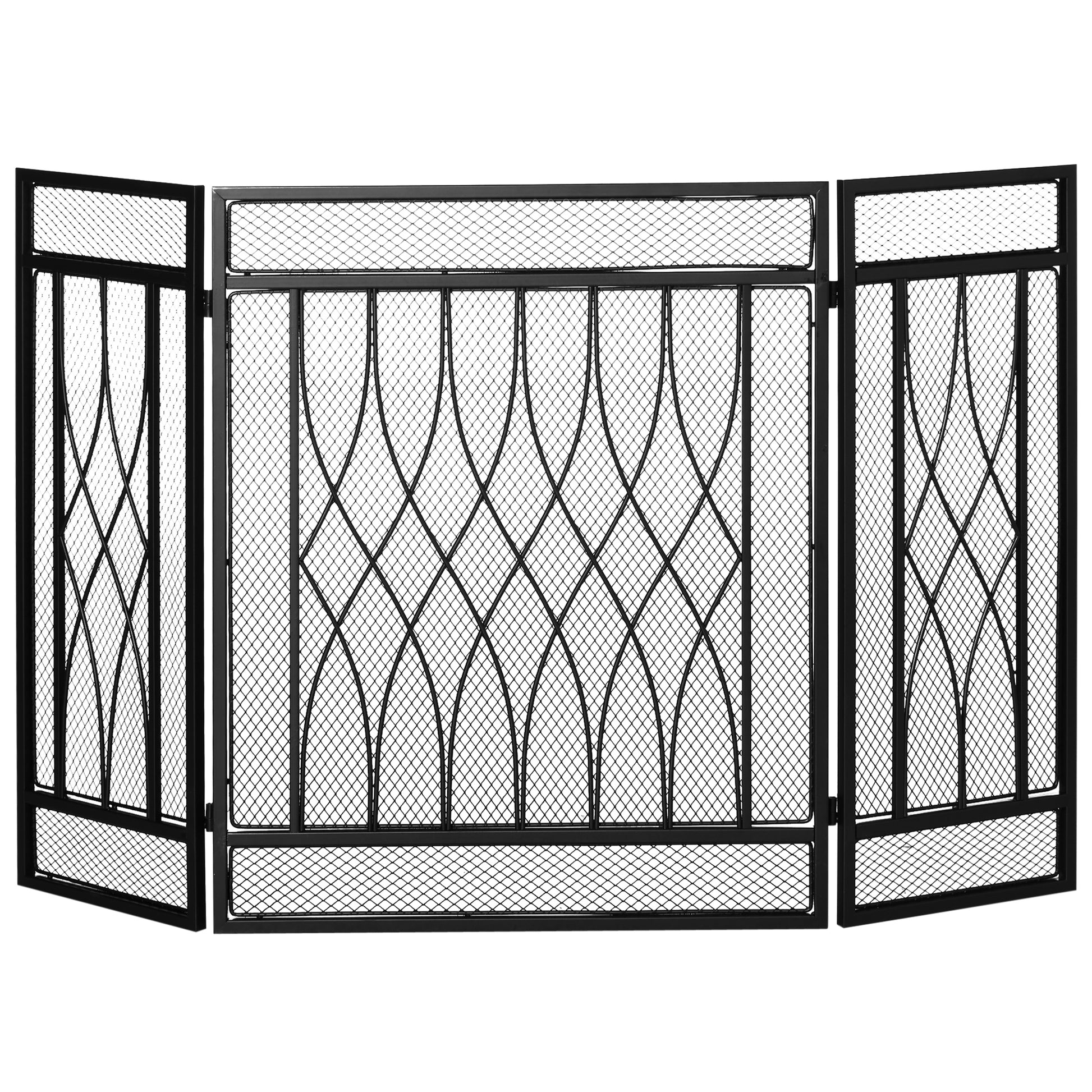 3 Panel Folding Fireplace Screen, Metal Mesh Fire Spark Guard For Wood Burning, 49.5" X 31.5", Black Black Metal