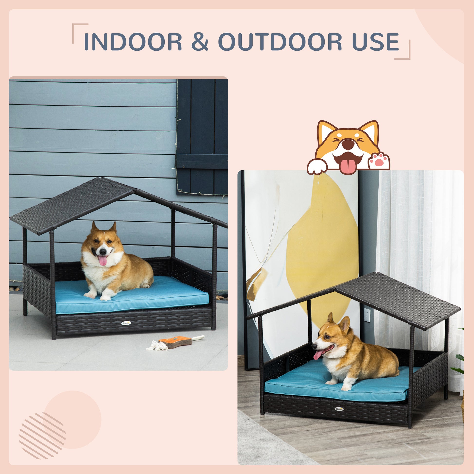 Wicker Dog House Elevated Raised Rattan Bed For Indoor Outdoor With Removable Cushion Lounge, Blue Blue Pe Rattan Iron Waterproof Fabric