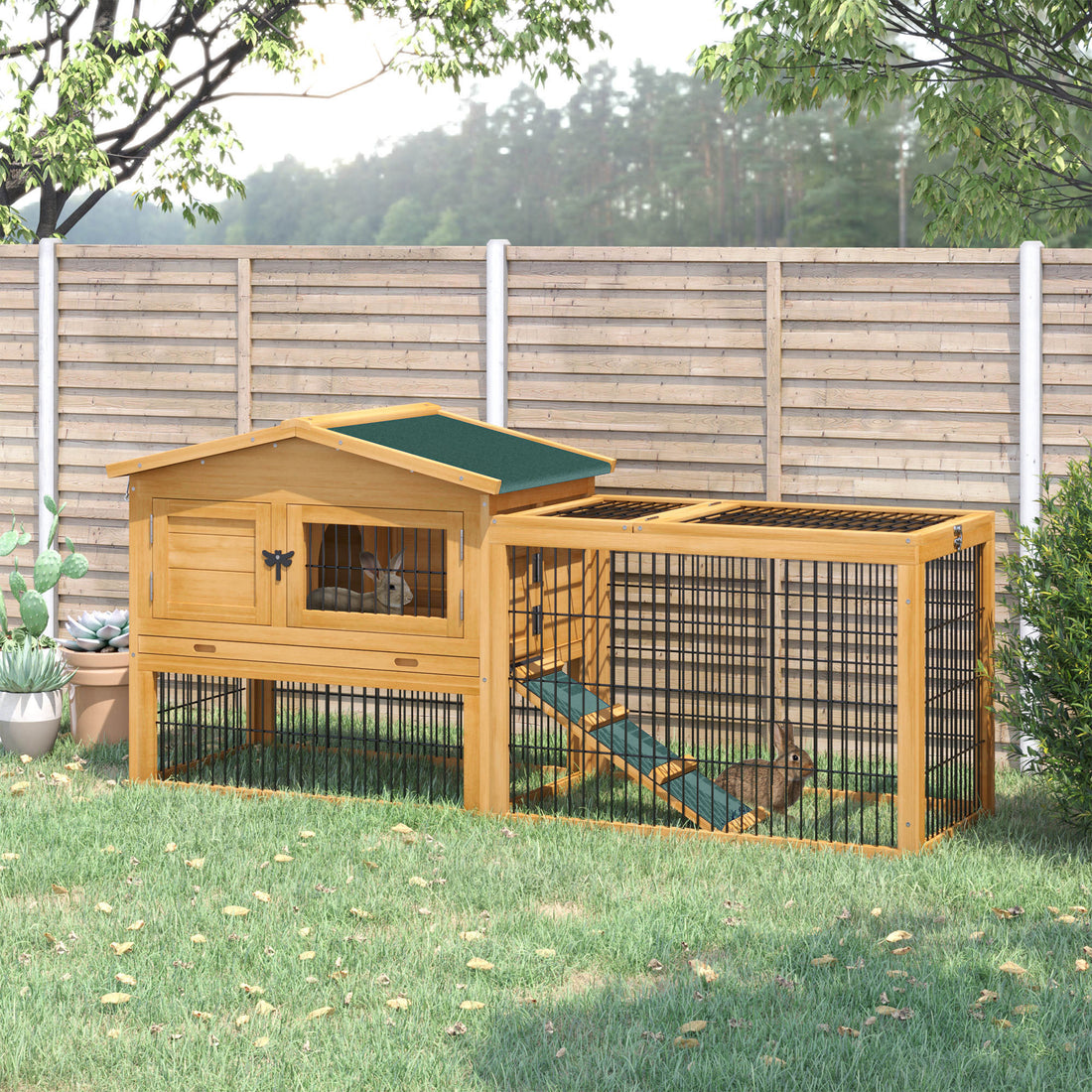 2 Levels Outdoor Rabbit Hutch With Openable Top, 59" Wooden Large Rabbit Cage With Run Weatherproof Roof, Removable Tray, Ramp, Yellow Yellow Wood