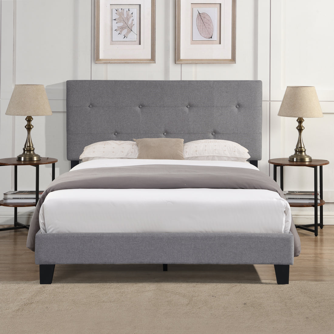 Queen Size Upholstered Platform Bed Frame With Button Tufted Linen Fabric Headboard, No Box Spring Needed, Wood Slat Support, Easy Assembly, Gray Gray Linen