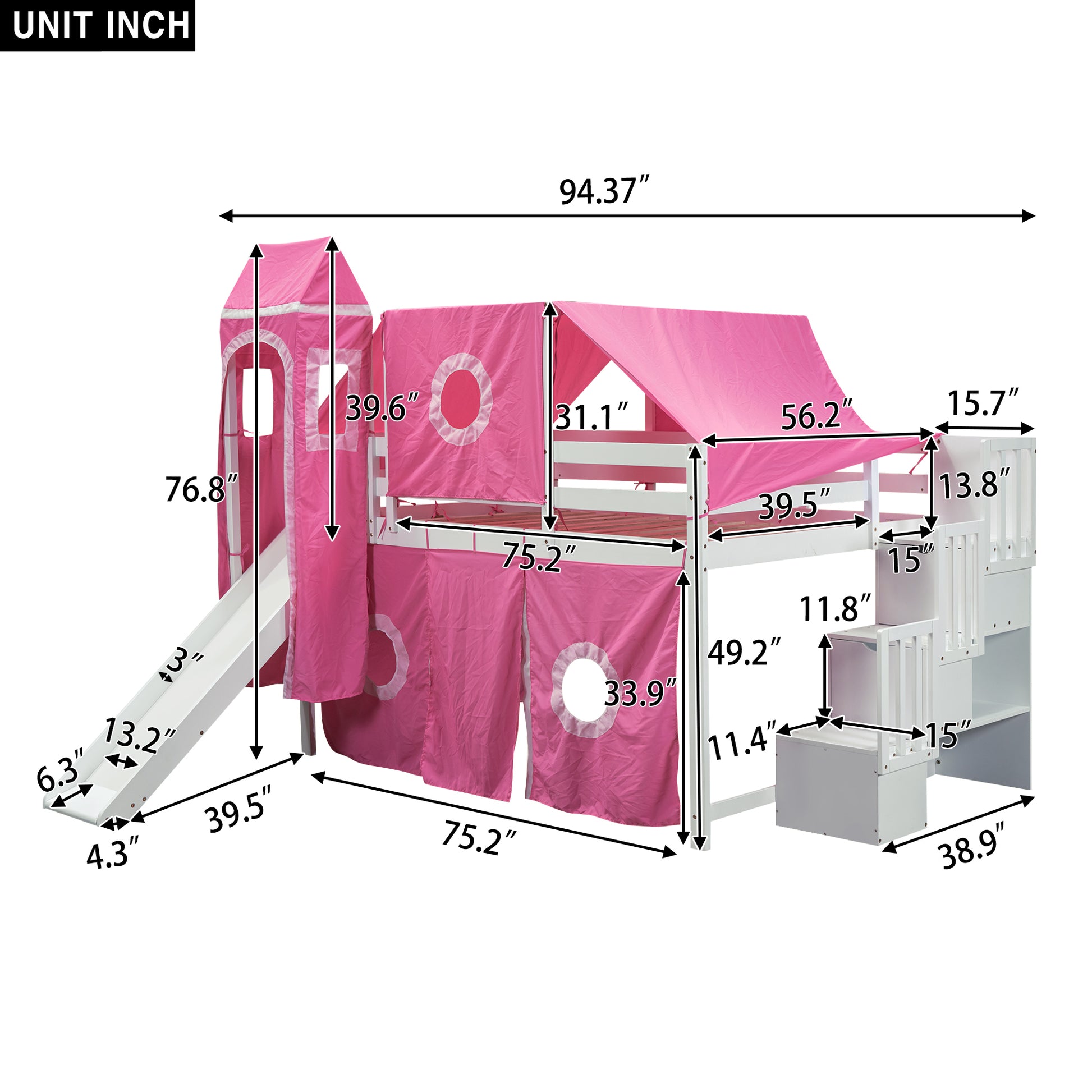 Full Size Loft Bed With Tent And Tower Pink Pink Solid Wood