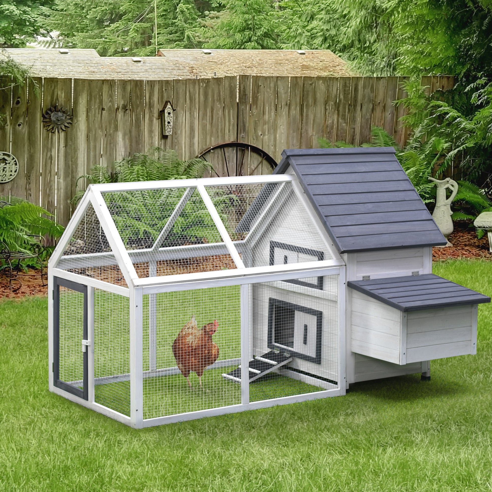 65" Chicken Coop Wooden With Detachable Run, Outdoor Chicken House Poultry Cage Hen With Nesting Box, Removable Tray, Roosting Bars, Ramp, For Garden Backyard Gray Wood