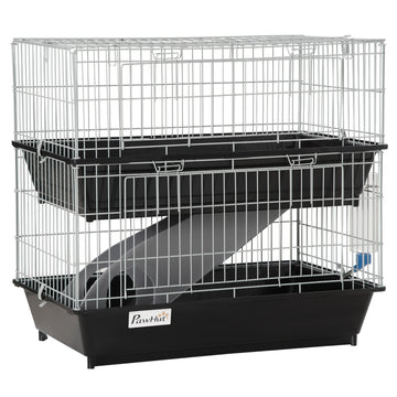 2 Tier Mouse Cage, Ferret Cage W Dish And Bottle, Ramp, 2 Doors Black Metal