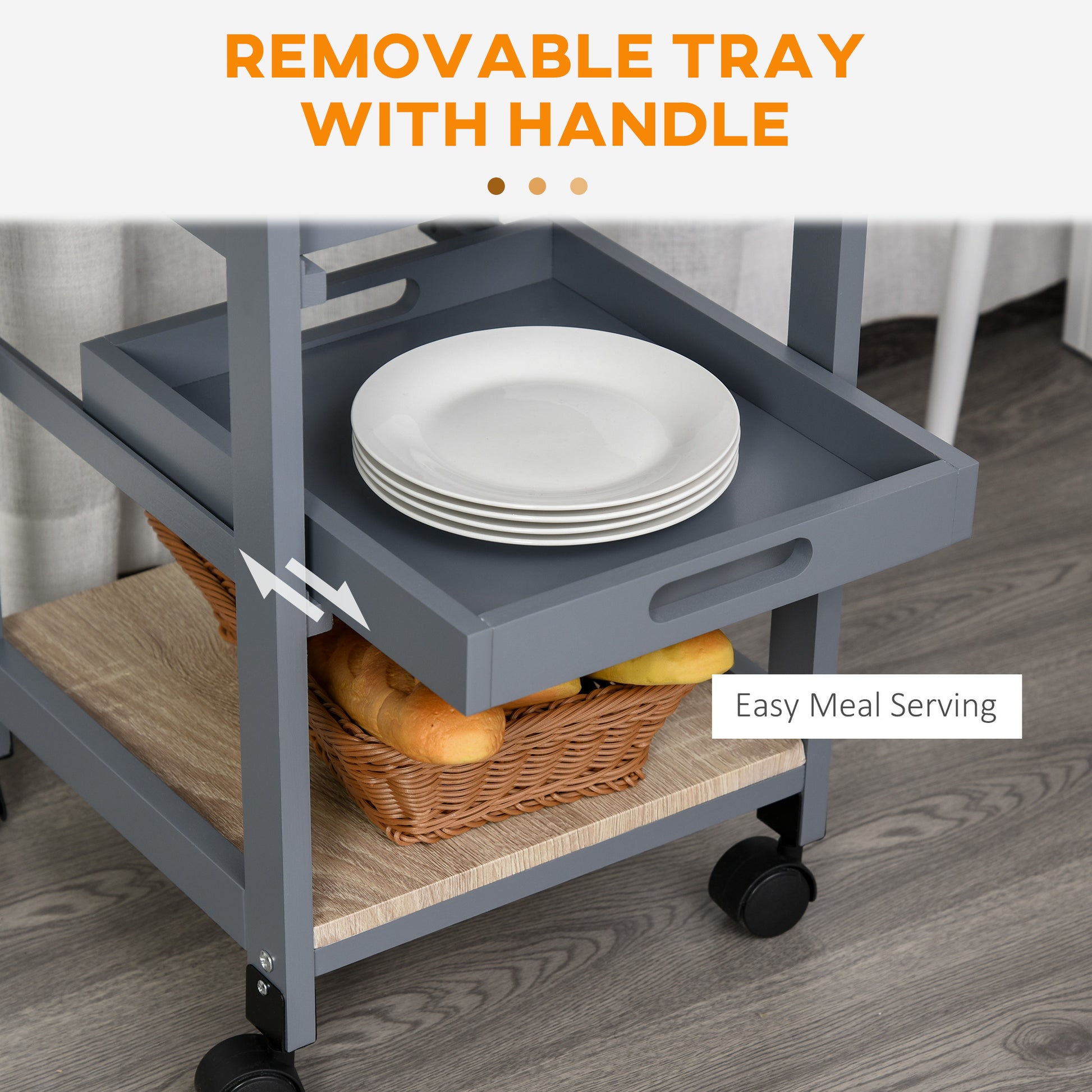 Mobile Rolling Kitchen Island Trolley Serving Cart With Underneath Drawer & Slide Out Wire Storage Basket, Grey Grey Mdf