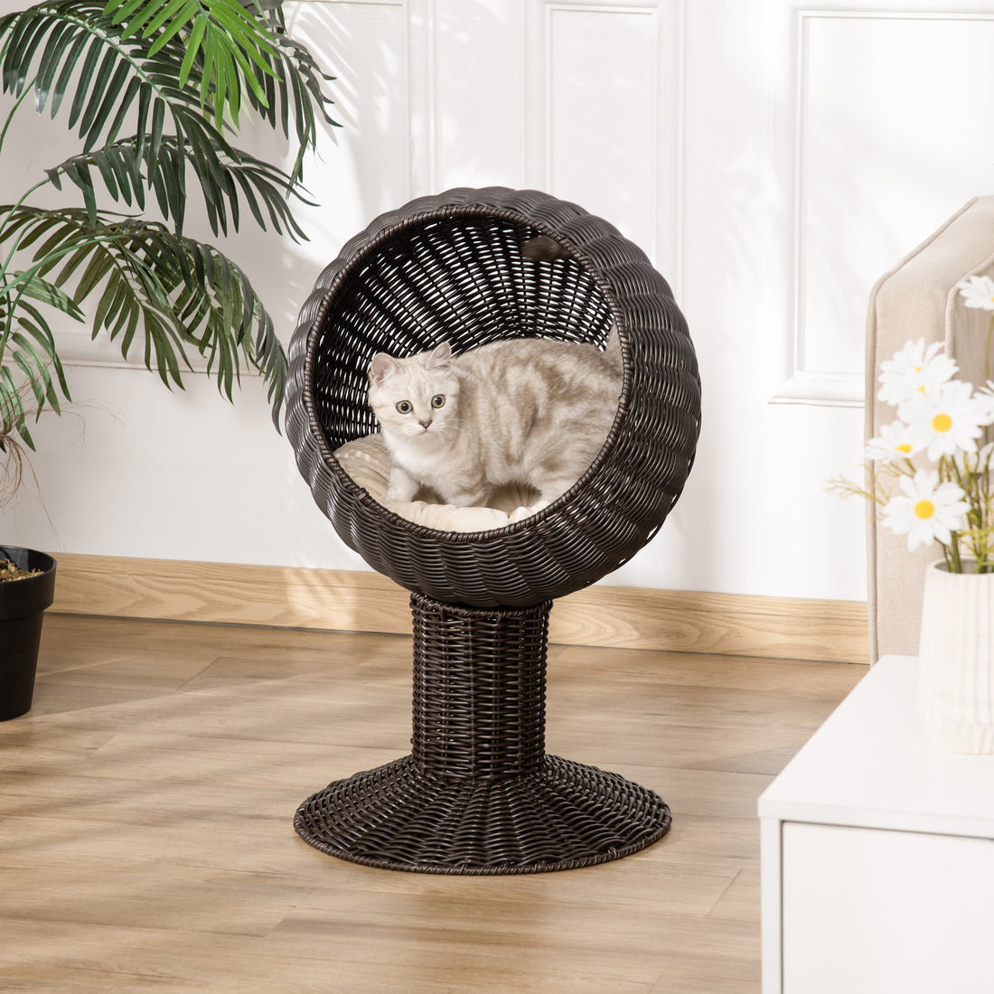 27" Rattan Wicker Elevated Cat House Kitty Scratch House Pet Bed W Cushion Brown Pe Rattan Iron Waterproof Fabric