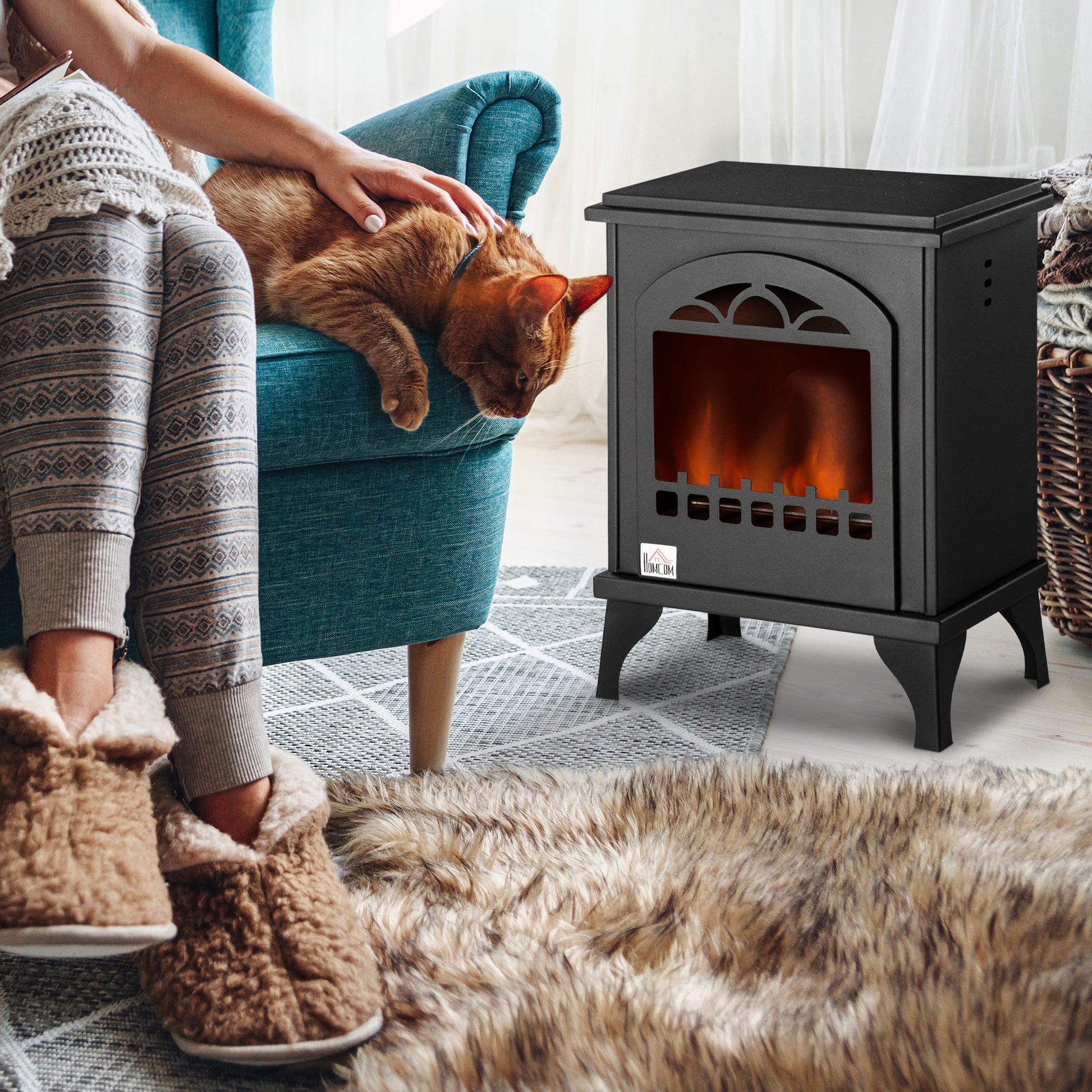 Ethanol Fireplace, 9.75" Freestanding Stove Heater 0.32 Gal Max 470 Sq. Ft., Burns Up To 3 Hours, Black Black Metal