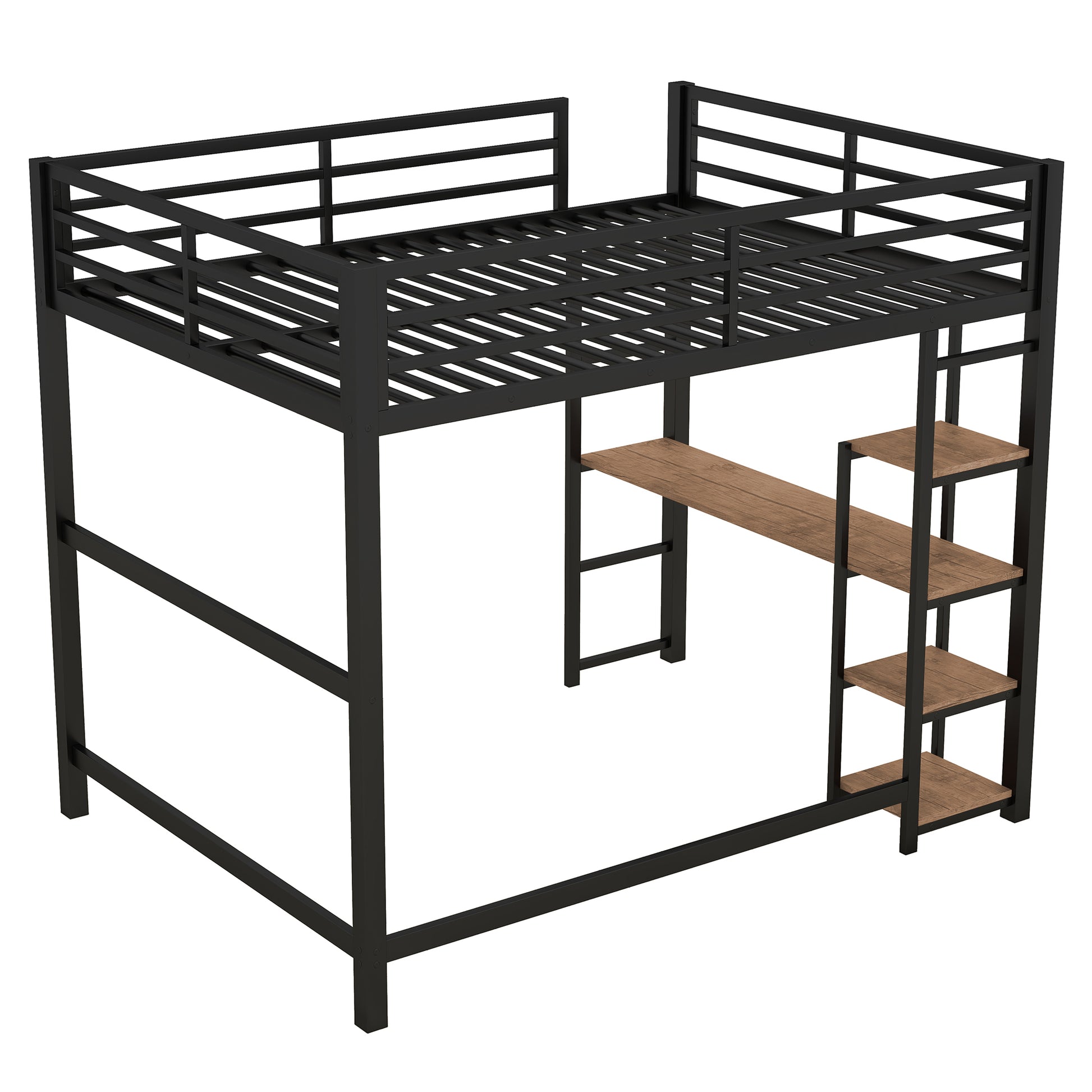 Full Size Metal Loft Bed With Built In Desk And Storage Shelves, Black Black Metal & Wood