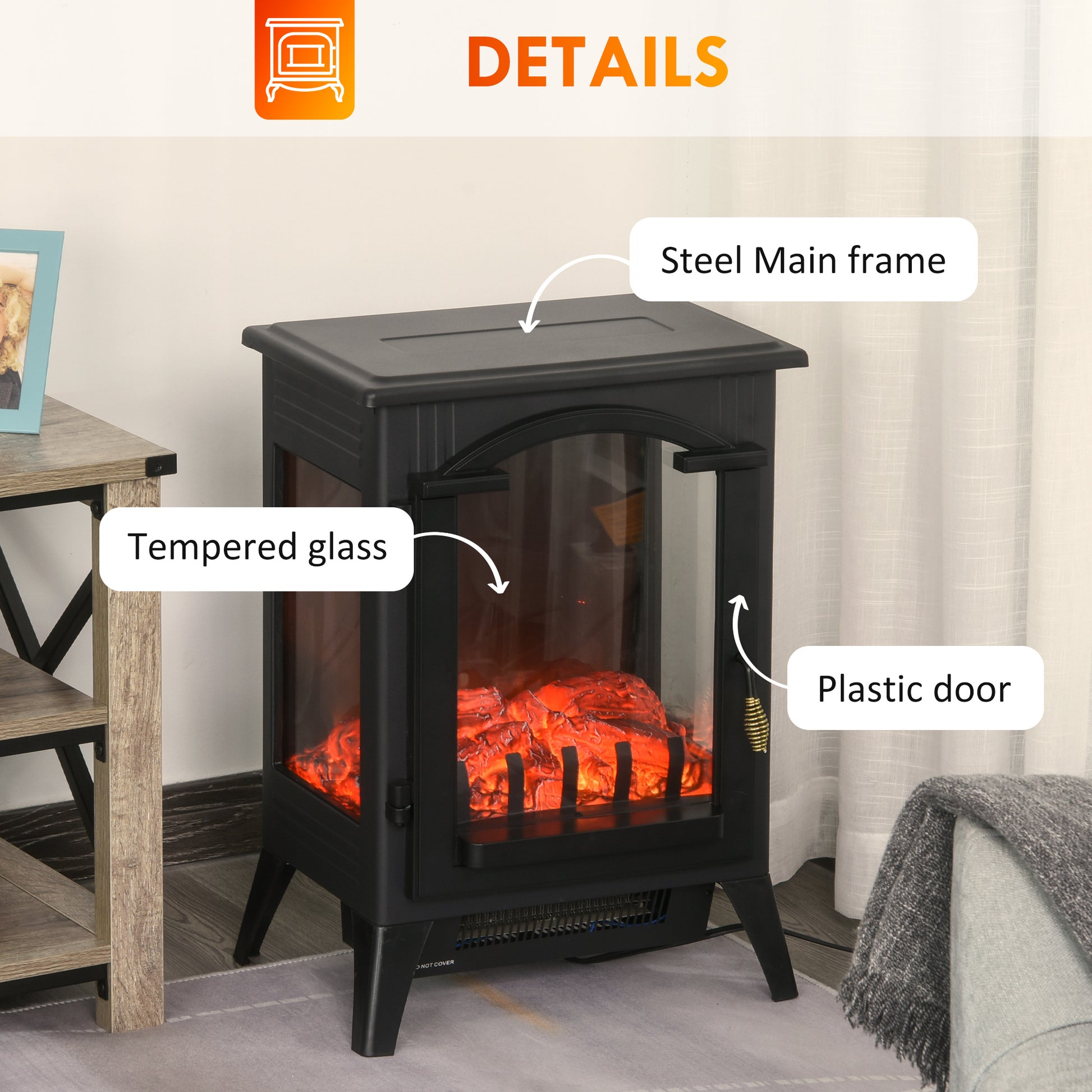 23" Electric Fireplace Heater, Fire Place Stove With Realistic Led Flames And Logs And Overheating Protection, 750W 1500W, Black Black Metal