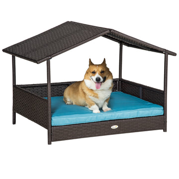 Wicker Dog House Elevated Raised Rattan Bed For Indoor Outdoor With Removable Cushion Lounge, Blue Blue Pe Rattan Iron Waterproof Fabric