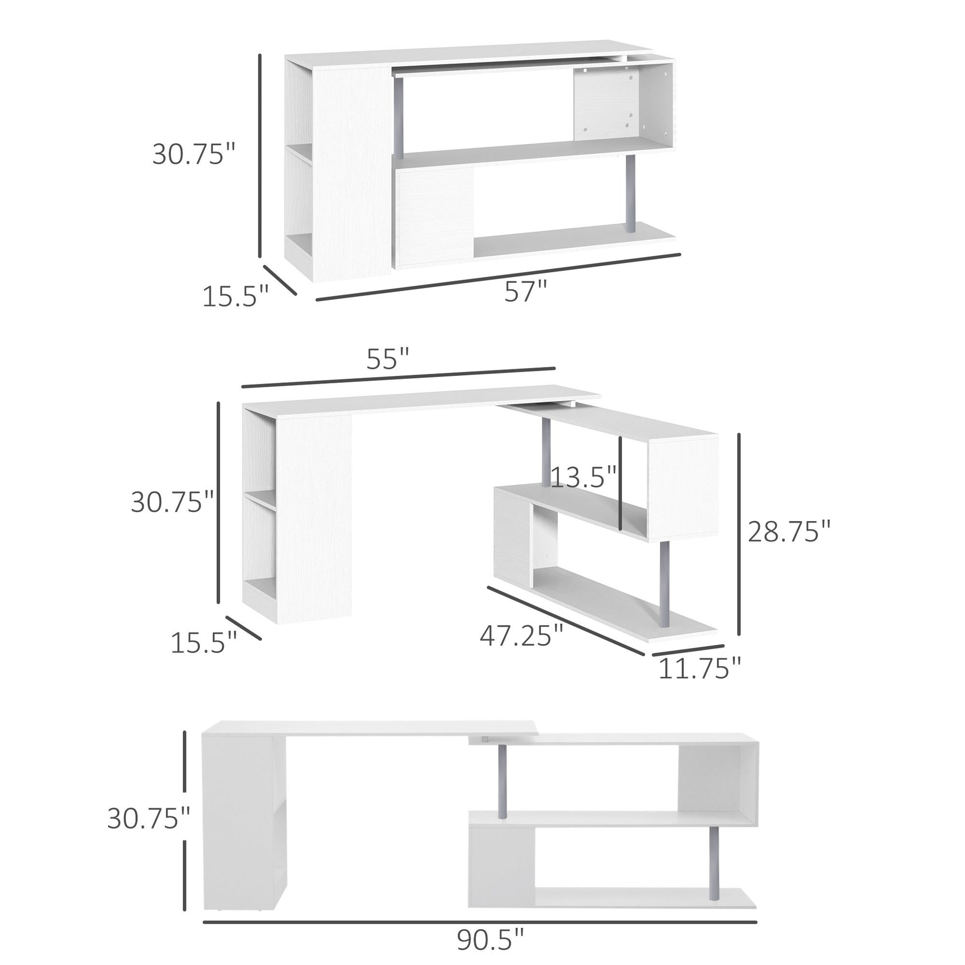 55" 360 Rotating Corner Computer Desk Modern L Shaped Home Office Workstation With 3 Tier Storage Shelves, Bookshelf, White White Engineered Wood