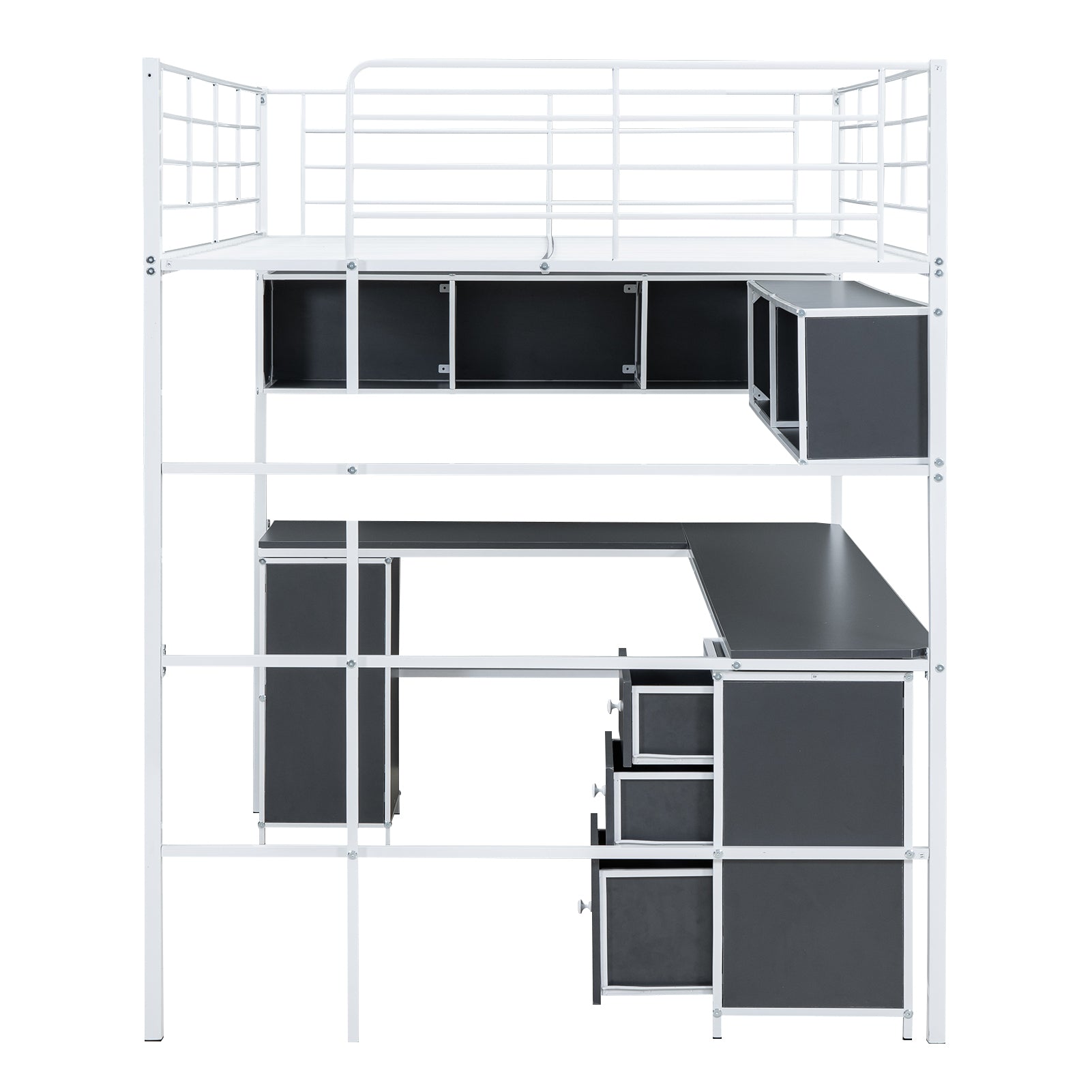 Metal Loft Bed With Bookcase, Desk And Cabinet, Full, White Black White Metal