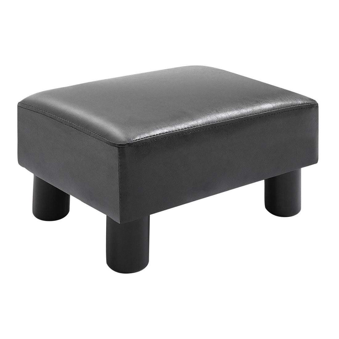 Ottoman Foot Rest, Small Foot Stool With Faux Leather Upholstery, Rectangular Ottoman Footrest With Padded Foam Seat And Plastic Legs, Bright Black Black Faux Leather