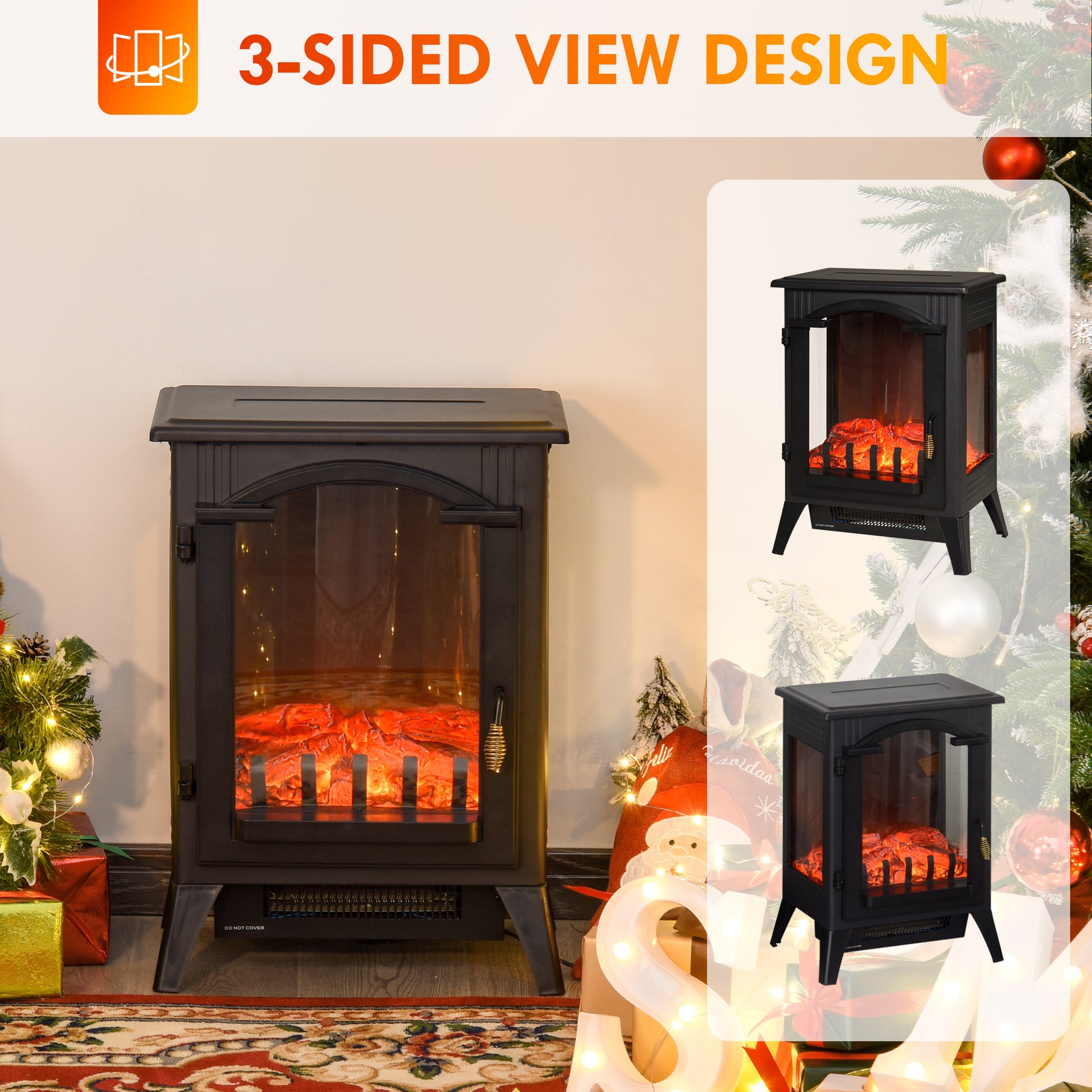 23" Electric Fireplace Heater, Fire Place Stove With Realistic Led Flames And Logs And Overheating Protection, 750W 1500W, Black Black Metal