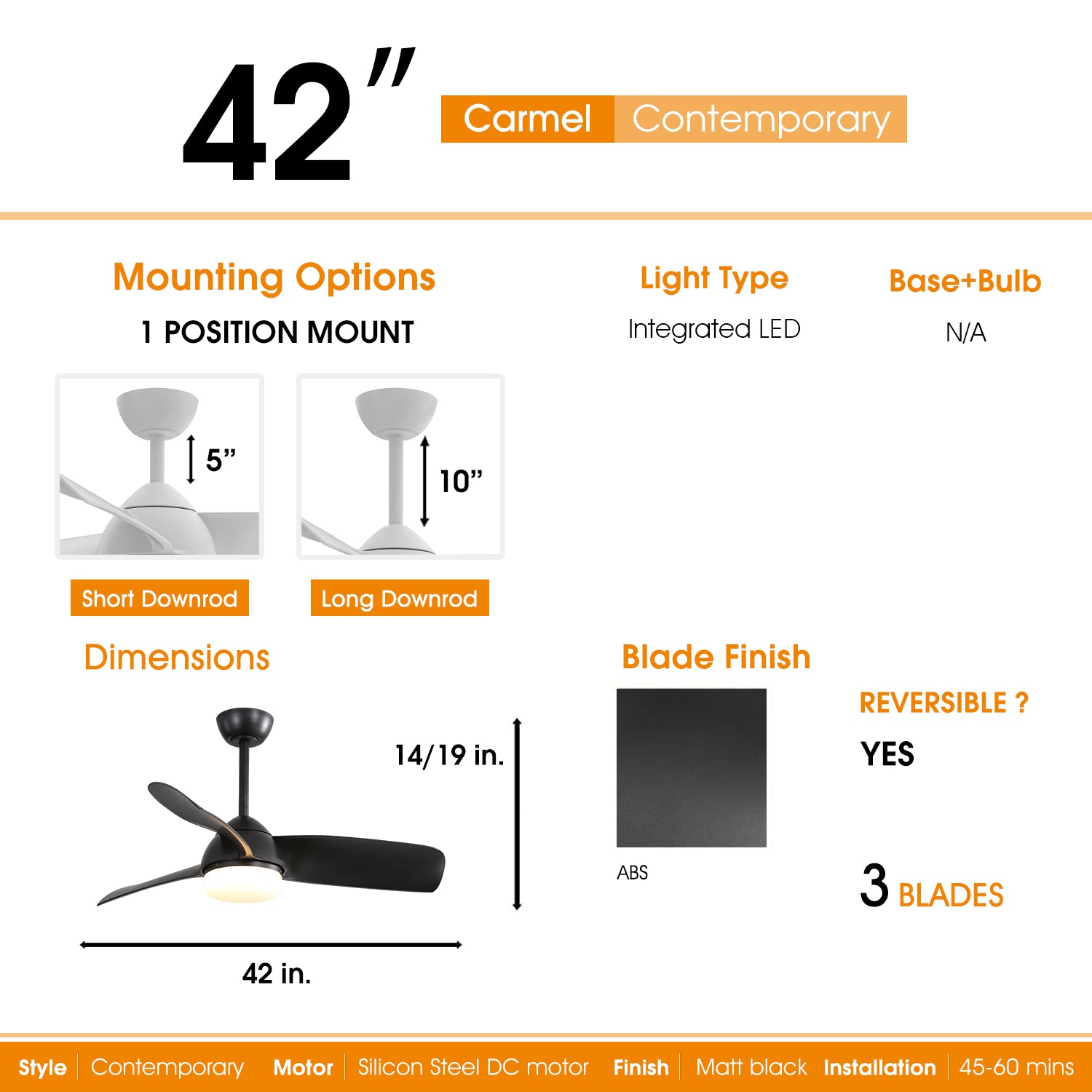 42 Inch Indoor Abs With 6 Speed Remote Control Dimmable Reversible Dc Motor With Light Black Abs