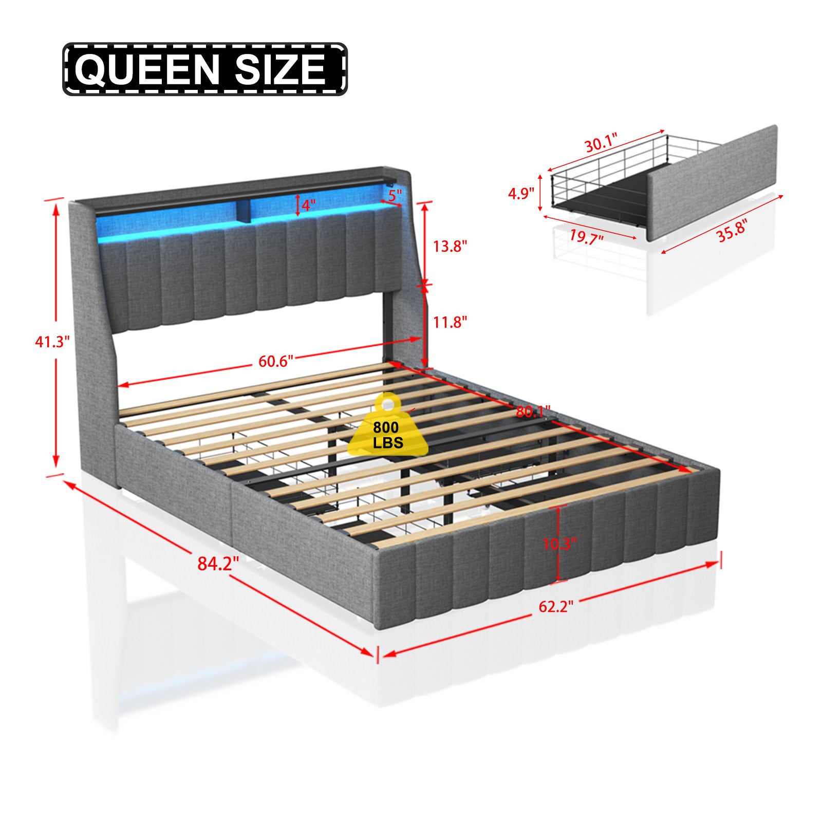 Queen Size Bed Frame With Led, 4 Under Bed Portable Storage Drawers, Wings Headboard Design, Light Grey Box Spring Not Required Queen Light Grey Metal Bedroom Bed Frame Upholstered Linen Upholstered