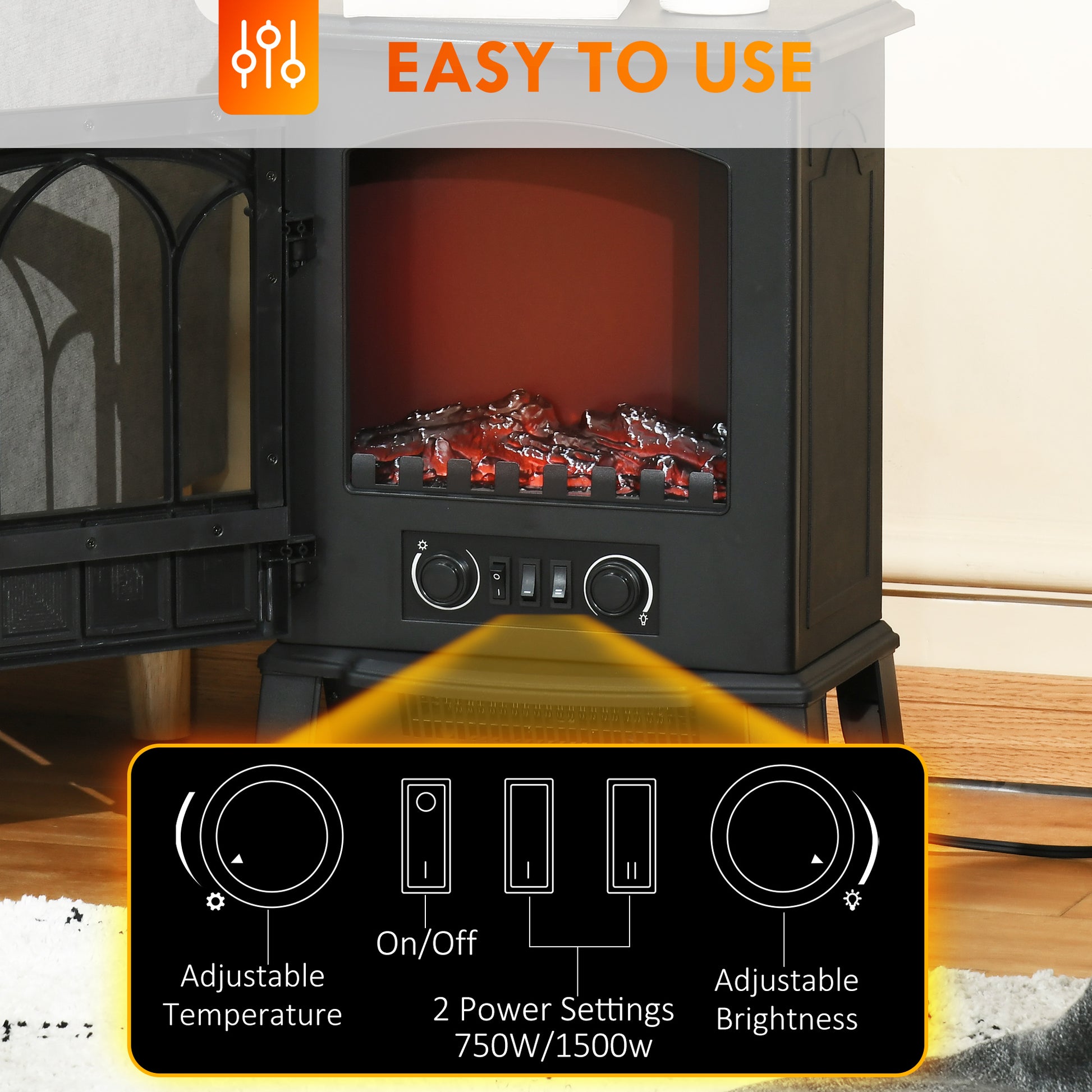 22" Electric Fireplace Stove, Freestanding Fire Place Heater With Realistic Logs And Led Flame, Adjustable Temperature, Overheat Protection, 750W 1500W, Black Black Steel