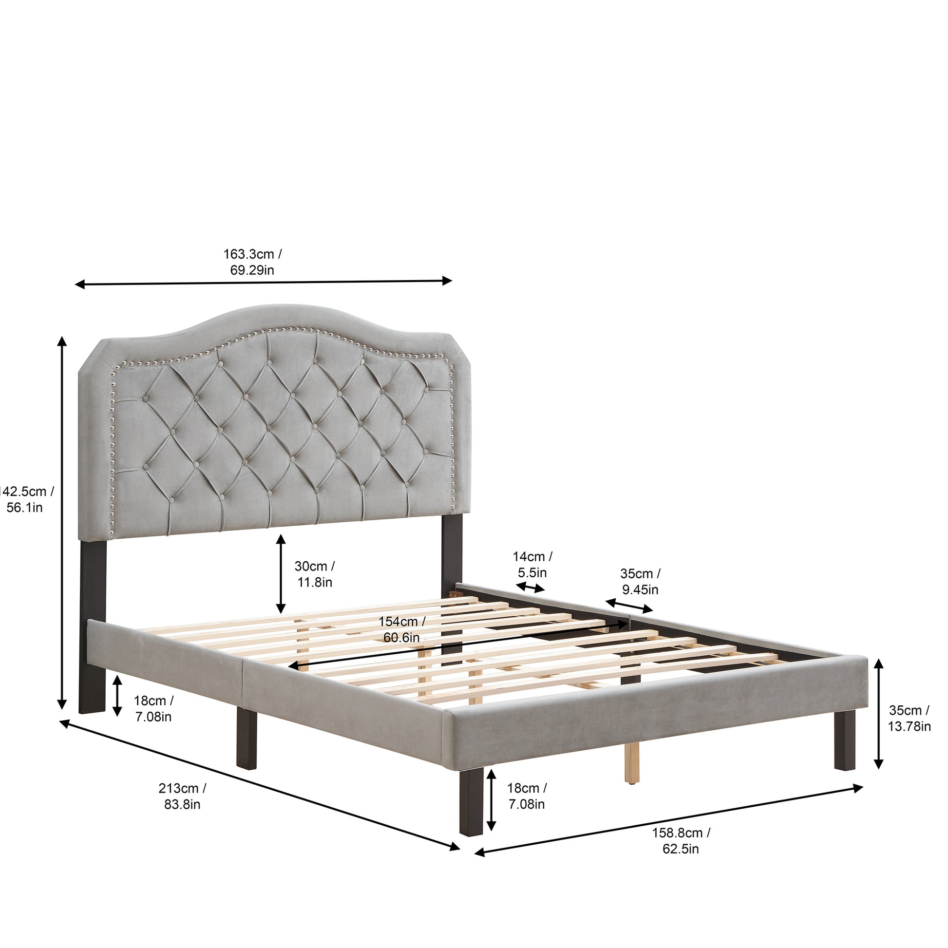 Upholstered Bed Button Tufted With Curve Design Strong Wood Slat Support Easy Assembly Gray Velvet Platform Bed Queen Gray Velvet