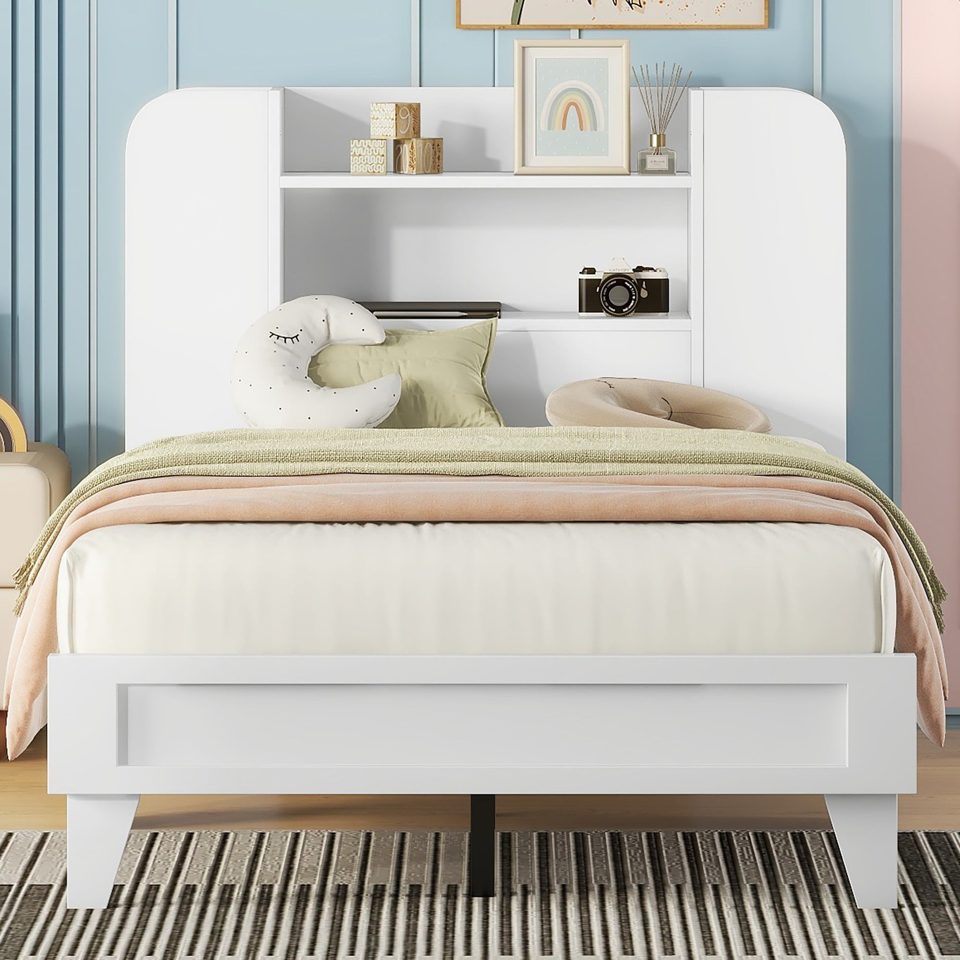 Twin Size Platform Bed With Storage Headboard,Multiple Storage Shelves On Both Sides,White White Wood