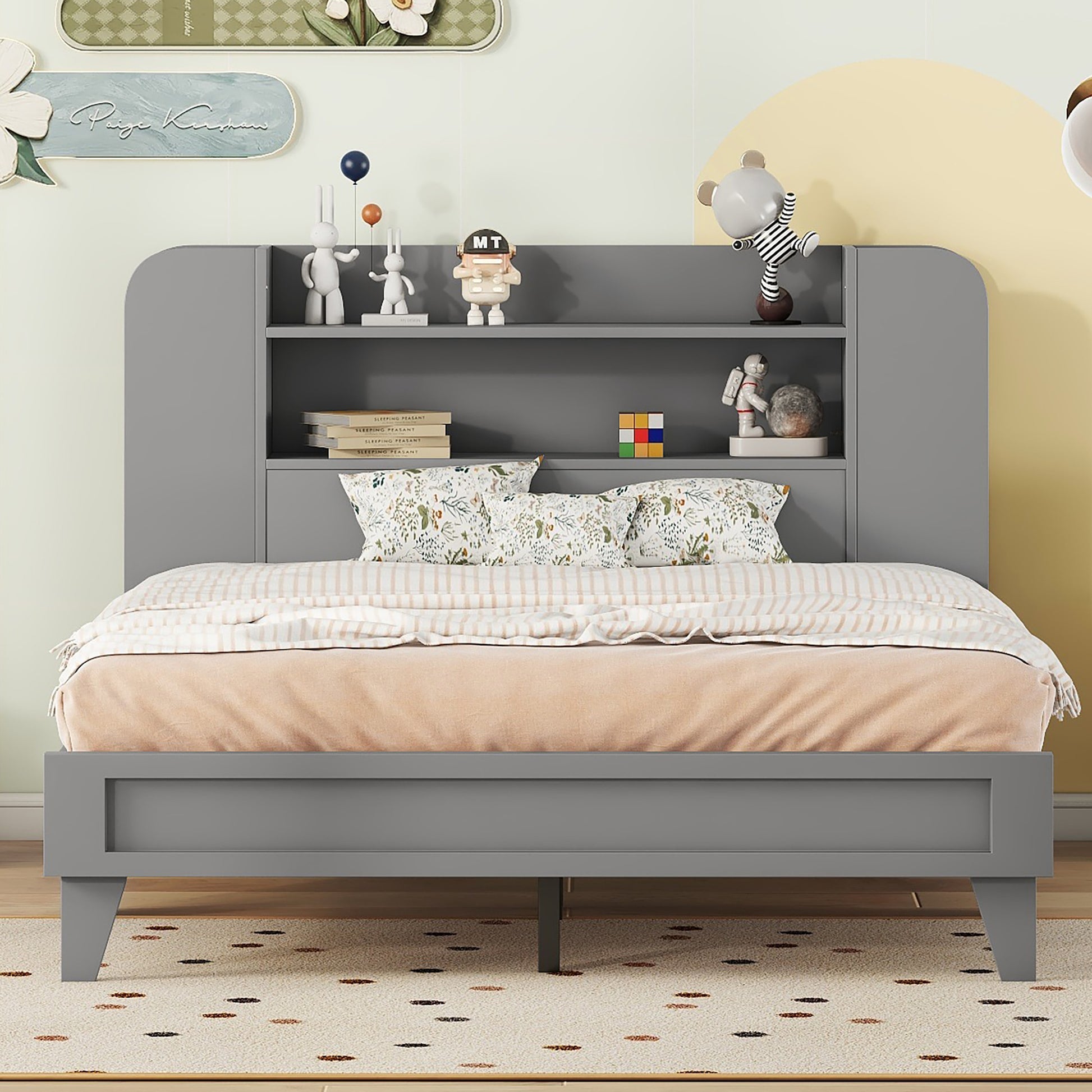 Full Size Platform Bed With Storage Headboard,Multiple Storage Shelves On Both Sides,Grey Grey Wood