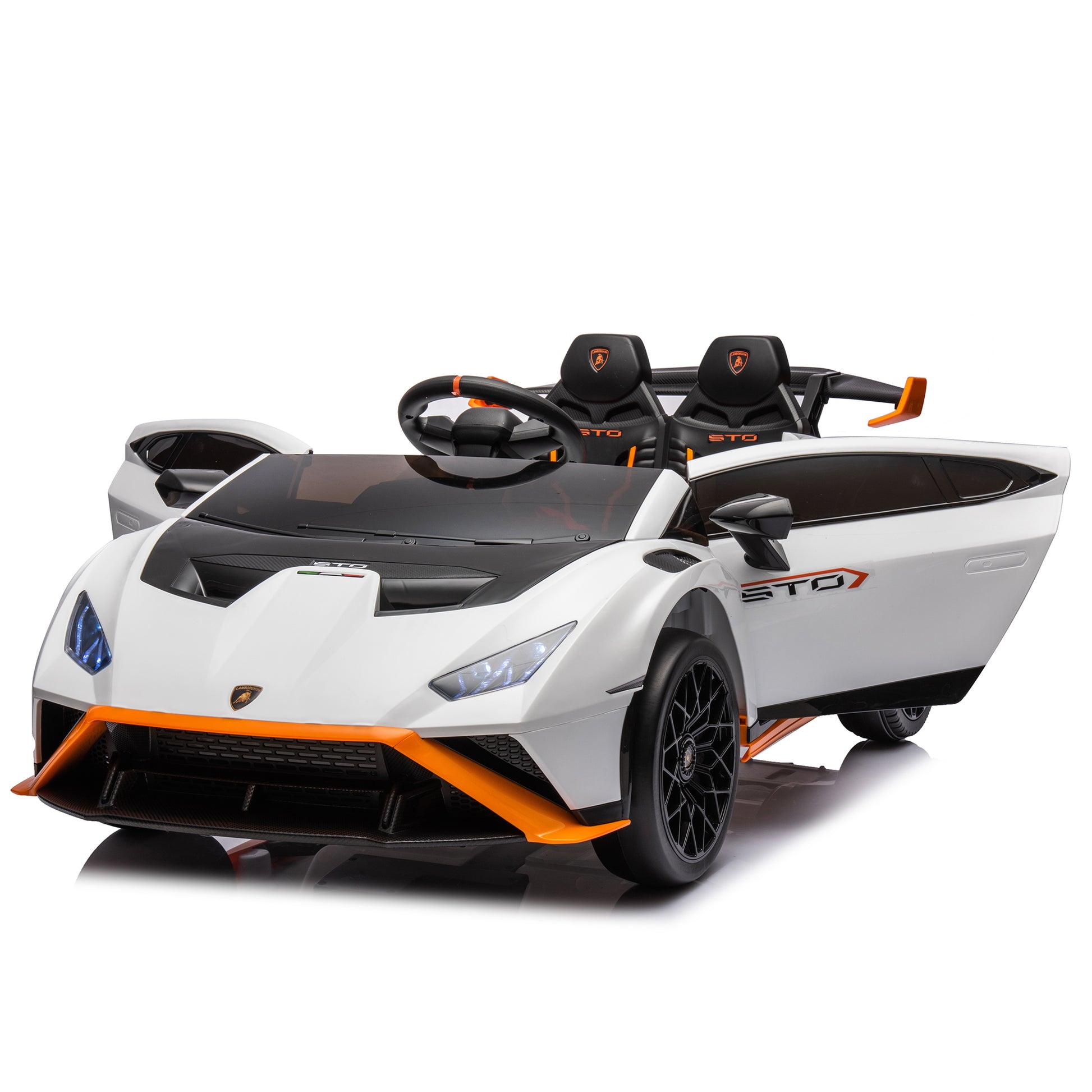 Lamborghini Huracan Sto 24V Kids Electric Ride On Drift Car: Speeds 1.86 5.59 Mph, Ages 3 8, Foam Front Wheels, 360 Spin, Led Lights, Dynamic Music, Early Learning, Usb Port, Drift Feature White Polypropylene