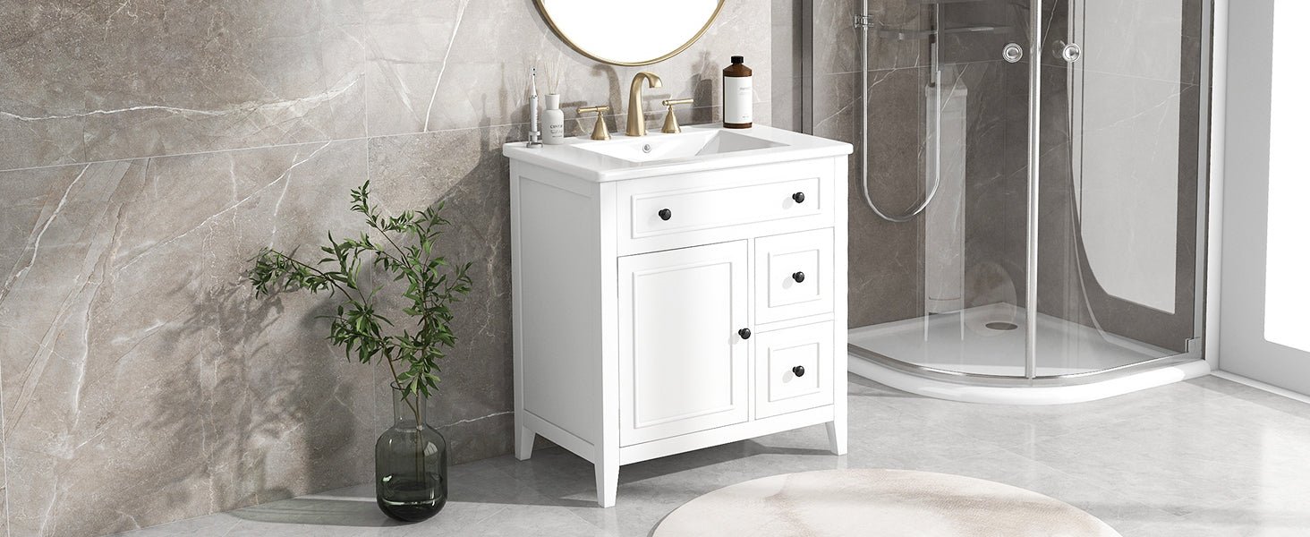 30" Bathroom Vanity With Sink Top, Bathroom Vanity Cabinet With Door And Two Drawers, Solid Wood Frame, One Package, White Old Sku:Wf311620Aak White Solid Wood Mdf