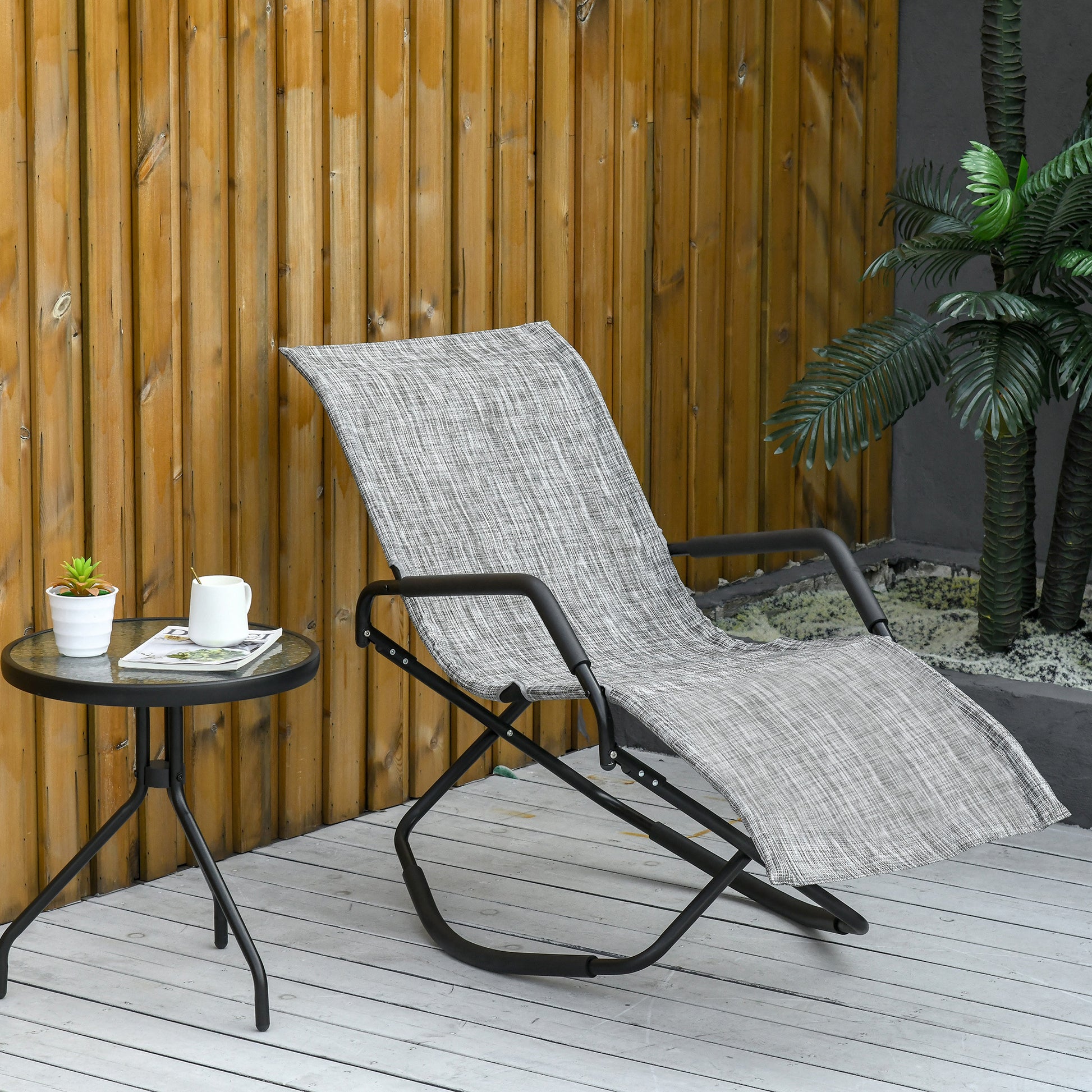 Rocking Sun Lounger, Chaise Lounge Rocker For Sunbathing, Sun Tanning, Foldable, Portable Outdoor Patio Chair, Gray Gray Steel