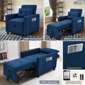 3 In 1 Convertible Futon Sofa Bed With Adjustable Backrest, Single Sofa Bed With Pull Out Sleeper, Convertible Futon Chair For Living Room, Side Bag And 1 Lumbar Pillow,Navy Navy Linen Wood Fabric 1 Seat