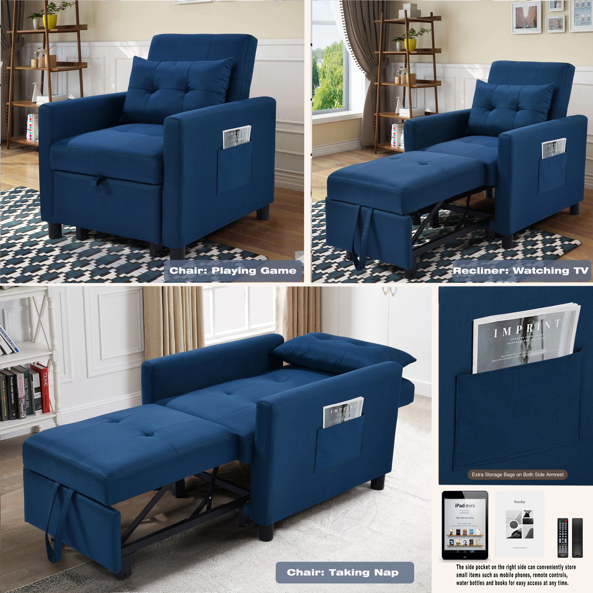 3 In 1 Convertible Futon Sofa Bed With Adjustable Backrest, Single Sofa Bed With Pull Out Sleeper, Convertible Futon Chair For Living Room, Side Bag And 1 Lumbar Pillow,Navy Navy Linen Wood Fabric 1 Seat