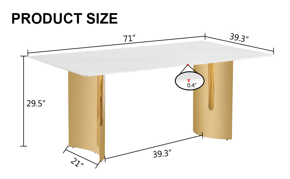 Modern Minimalist Dining Table. The White Imitation Marble Glass Desktop Is Equipped With Golden Metal Legs. Suitable For Restaurants And Living Rooms 71 "* 39.3" * 29.5 "Dt 69 White Glass