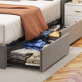 Queen Size Bed Frame With Led, 4 Under Bed Portable Storage Drawers, Wings Headboard Design, Light Grey Box Spring Not Required Queen Light Grey Metal Bedroom Bed Frame Upholstered Linen Upholstered