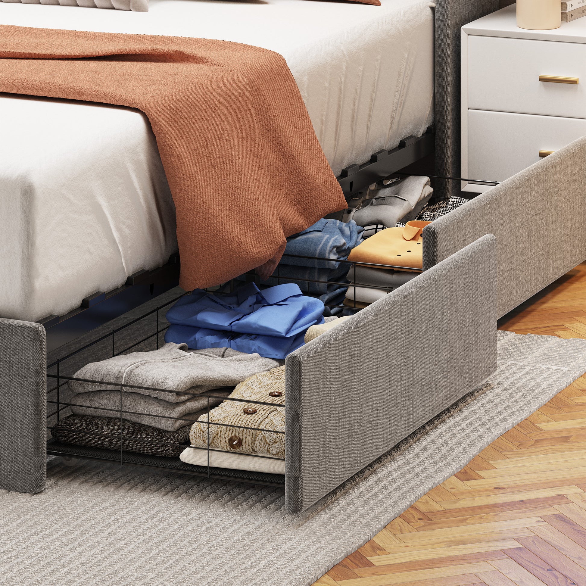 Queen Size Bed Frame With Led, 4 Under Bed Portable Storage Drawers, Wings Headboard Design, Light Grey Box Spring Not Required Queen Light Grey Metal Bedroom Bed Frame Upholstered Linen Upholstered