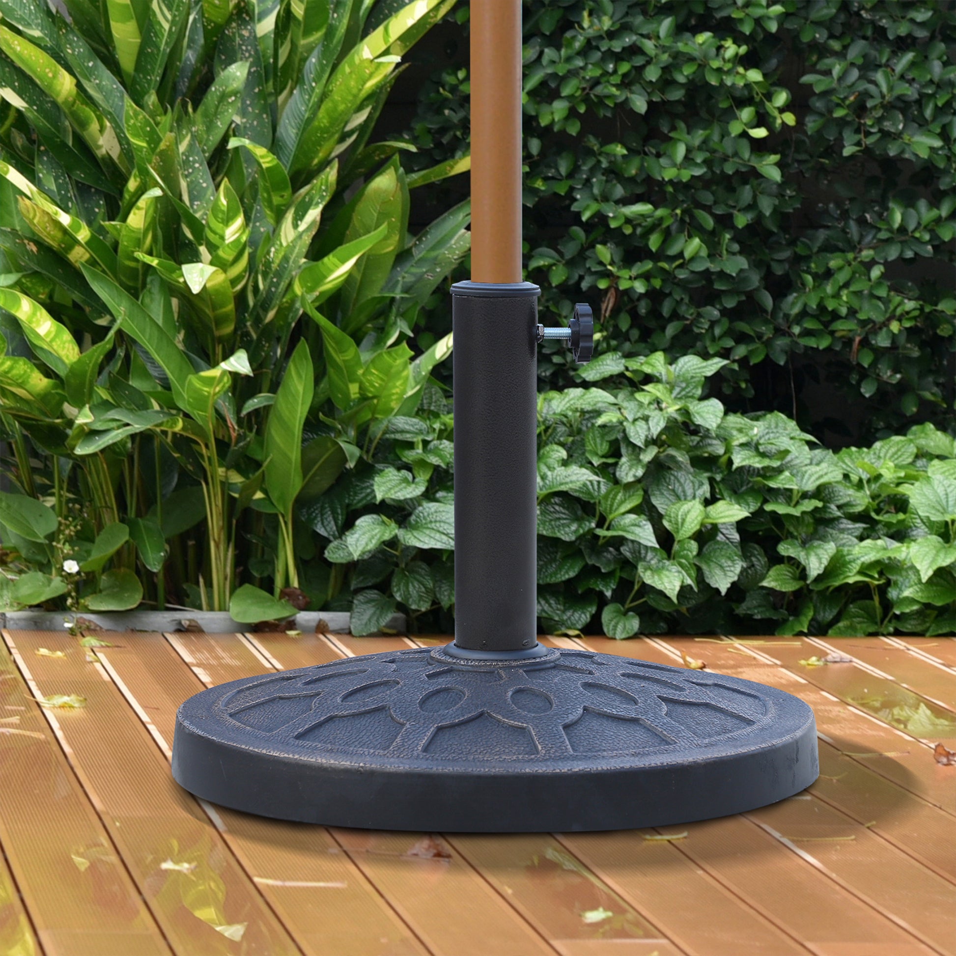 18" 26 Lbs Round Resin Umbrella Base Stand Market Parasol Holder With Beautiful Decorative Pattern & Easy Setup, For 1.5", 1.89" Pole, For Lawn, Deck, Backyard, Garden, Bronze Bronze Steel