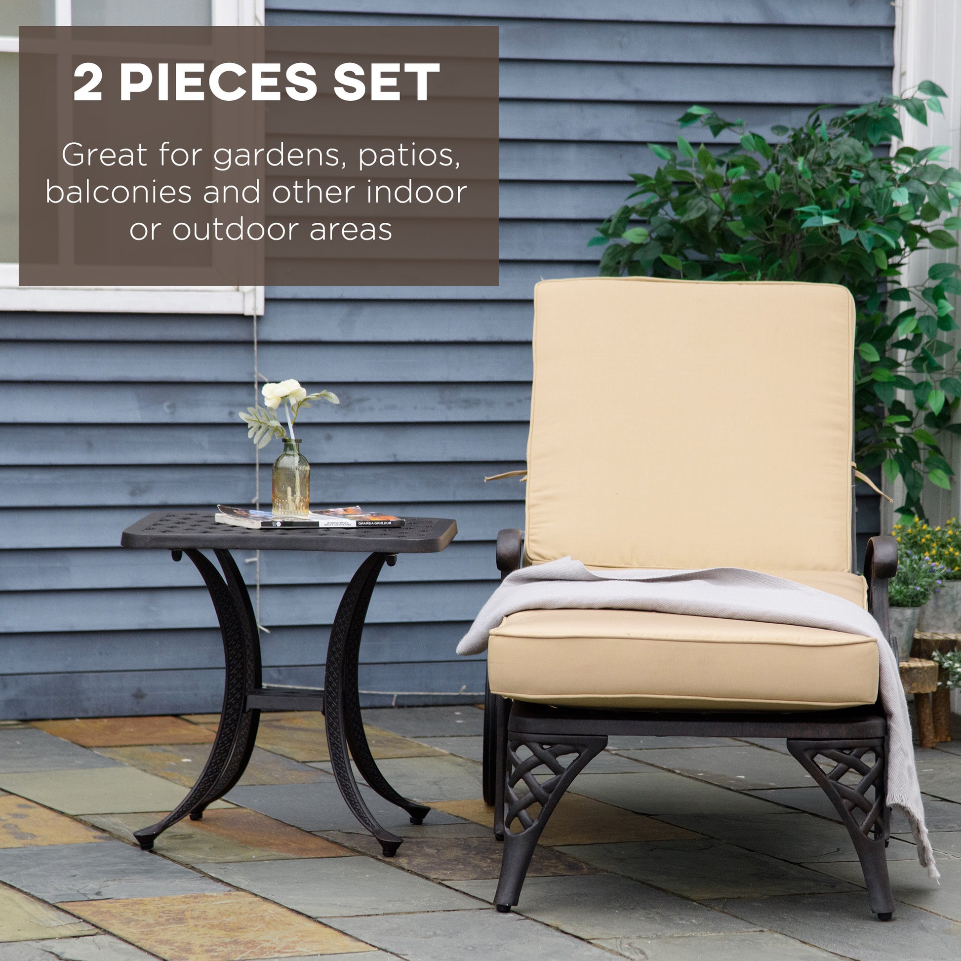 Aluminum Adjustable Chaise Lounge Chair, Folding 4 Position Patio Recliner, Wheels, Armrests, Side Table, Cushion For Poolside, Backyard, Deck, Porch Garden, Beige Beige Aluminium
