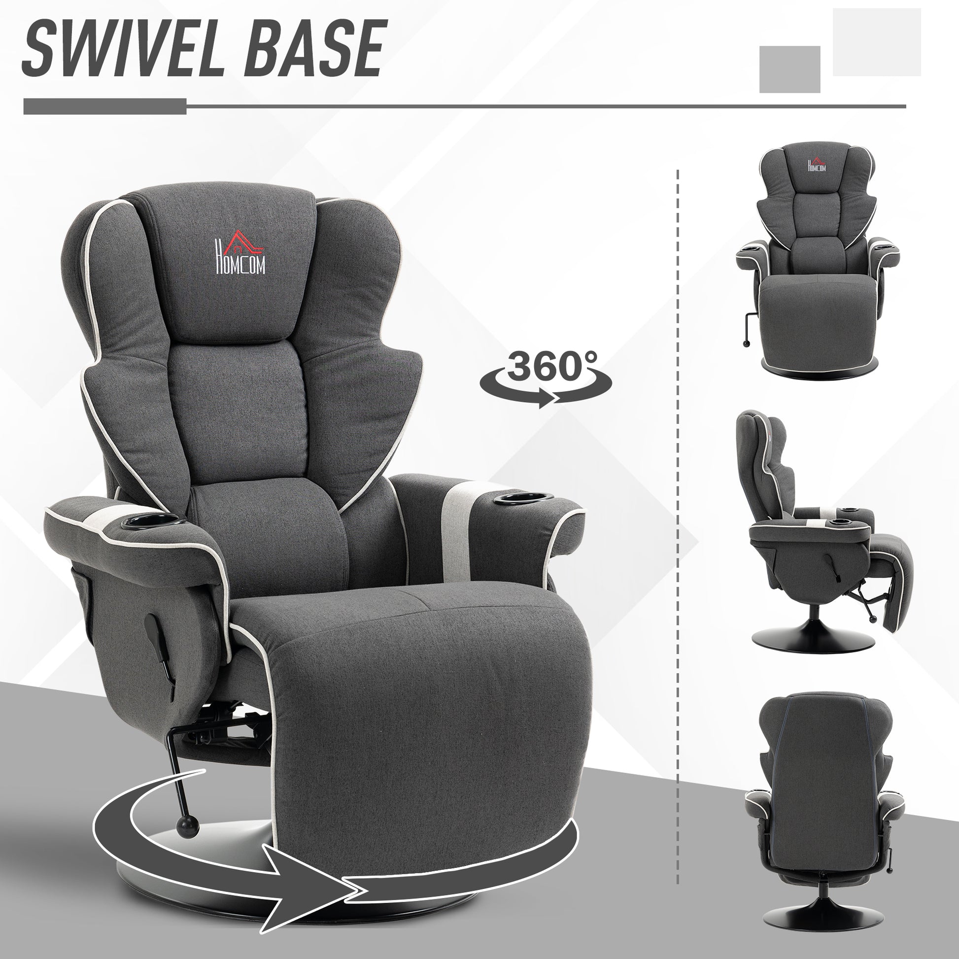 Manual Recliner, Swivel Lounge Armchair With Footrest And Two Cup Holders For Living Room, Black Black Linen